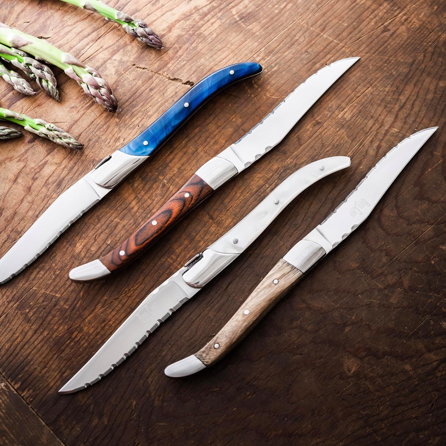 Bon Chef Laguiole Steak Knife Set 12-Piece Stainless Steel Steak Knives with Red Wood Handle, Durable & Elegant Design