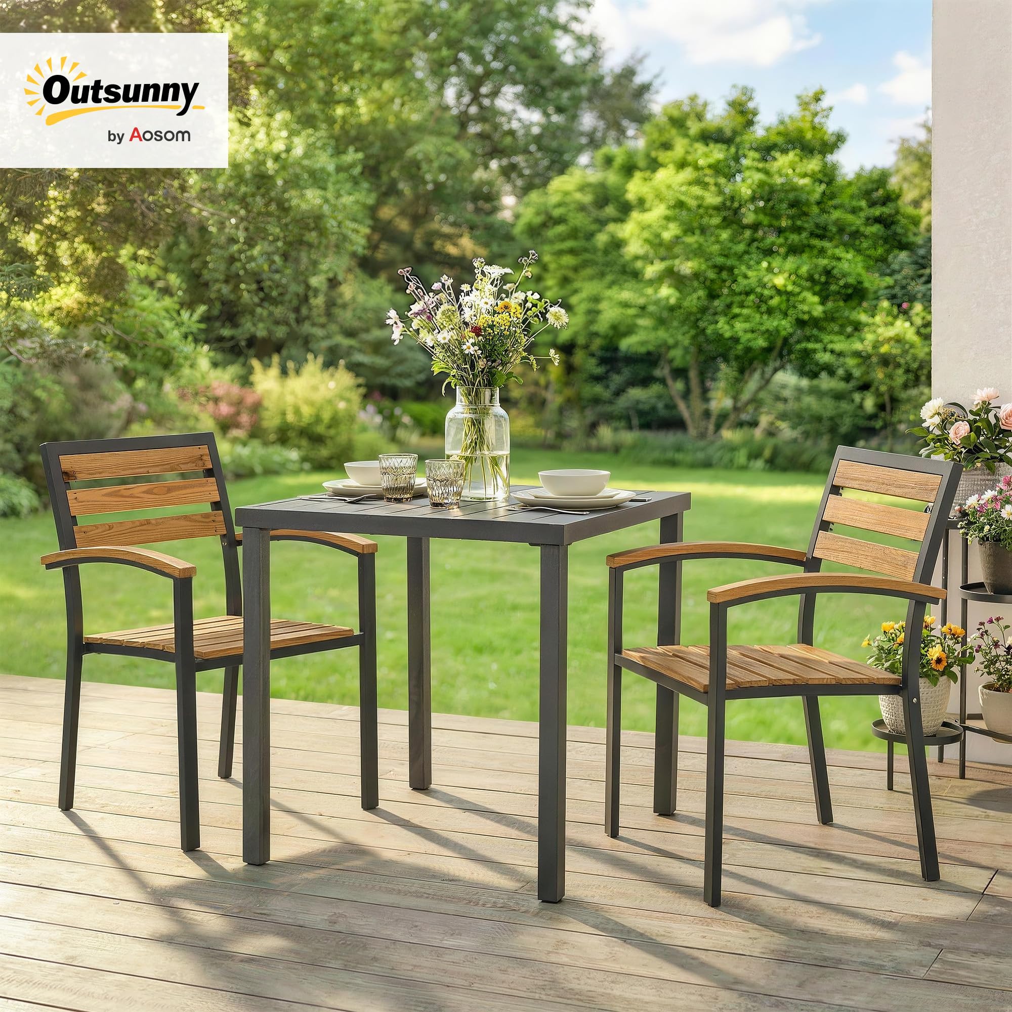 Outsunny Set 2 Sedie da Giardino Impilabili in Legno di Larice, Sedie per Pranzo da Esterno in Acciaio con Braccioli, Schienale a Doghe, per Patio Balcone Terrazza Esterno, 56x59x84 cm, Color Legno