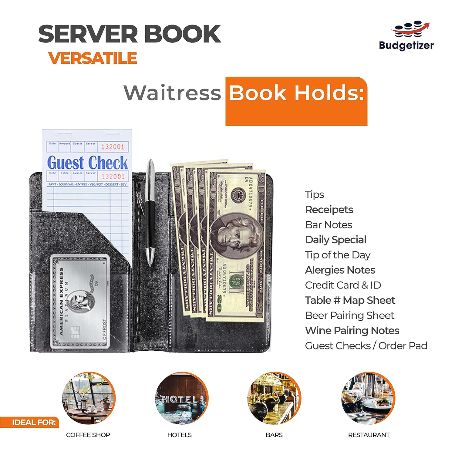 Black Server Books for Waitress Organizer - with Wine Opener, Server Book that Fits in Apron and Holds Receipts, Pocket Money and Guest Check, Waiter Book