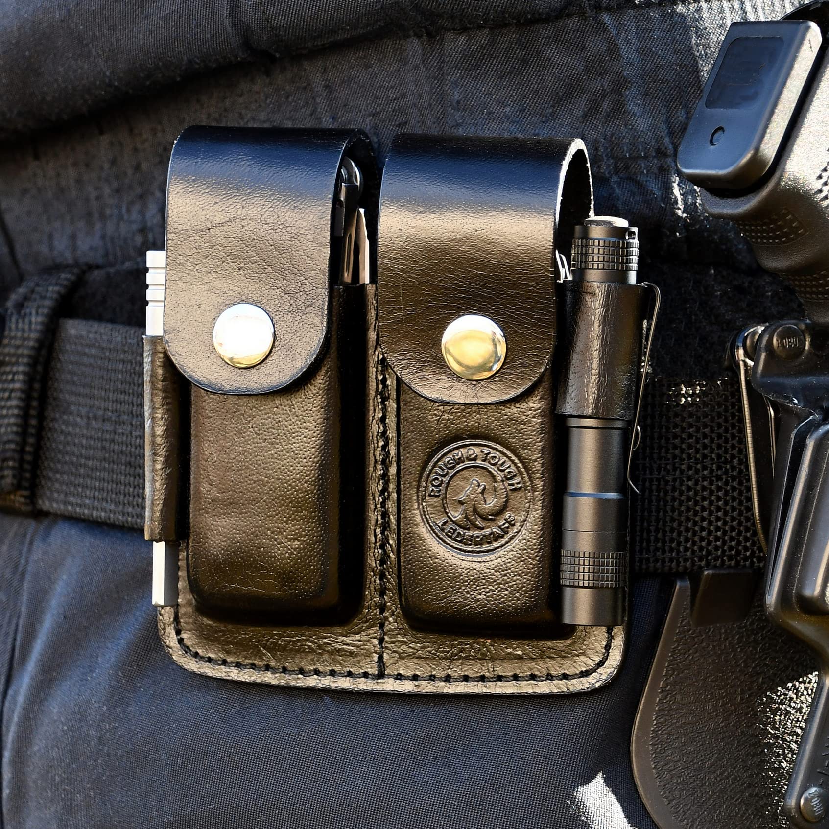 Lederholster für Leatherman und andere Multitools zum Tragen am Gürtel, Platz für Bit Kit und Extender, braun/schwarz, klein für Wave, groß für Mut