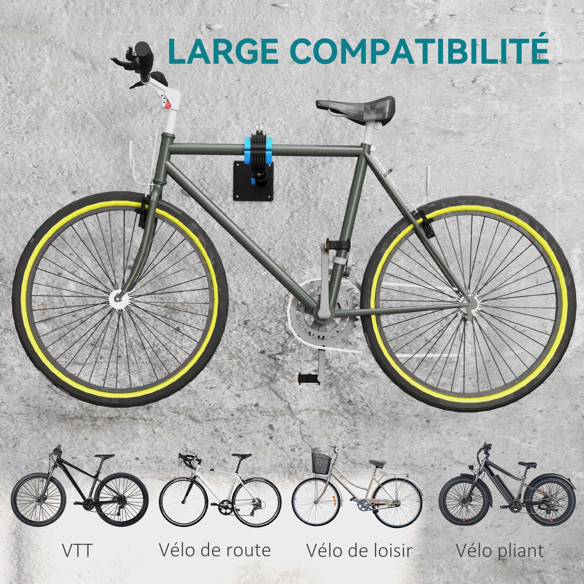 HOMCOM Support de réparation de vélo réglable en hauteur, pince rotative 360°, pieds d'atelier ou muraux, support vélo pour montage, entretien, réparation VTT et vélo de route, charge max. 25kg, noir