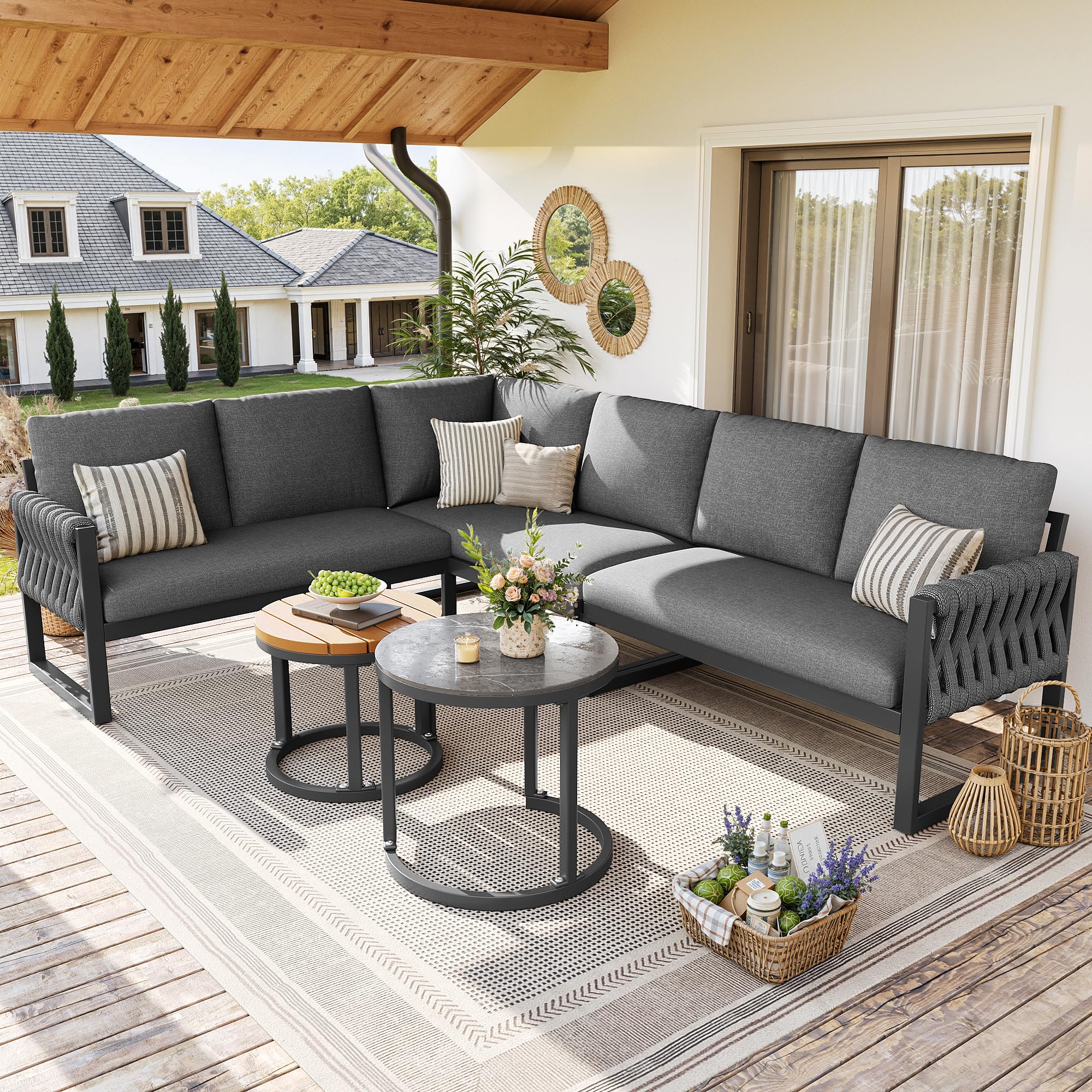 Juego de muebles de jardín con patas ajustables, cojines impermeables y desmontables, juego de salón de jardín para 5-6 personas, modular para balcón, jardín y terraza, incluye todos los cojines de