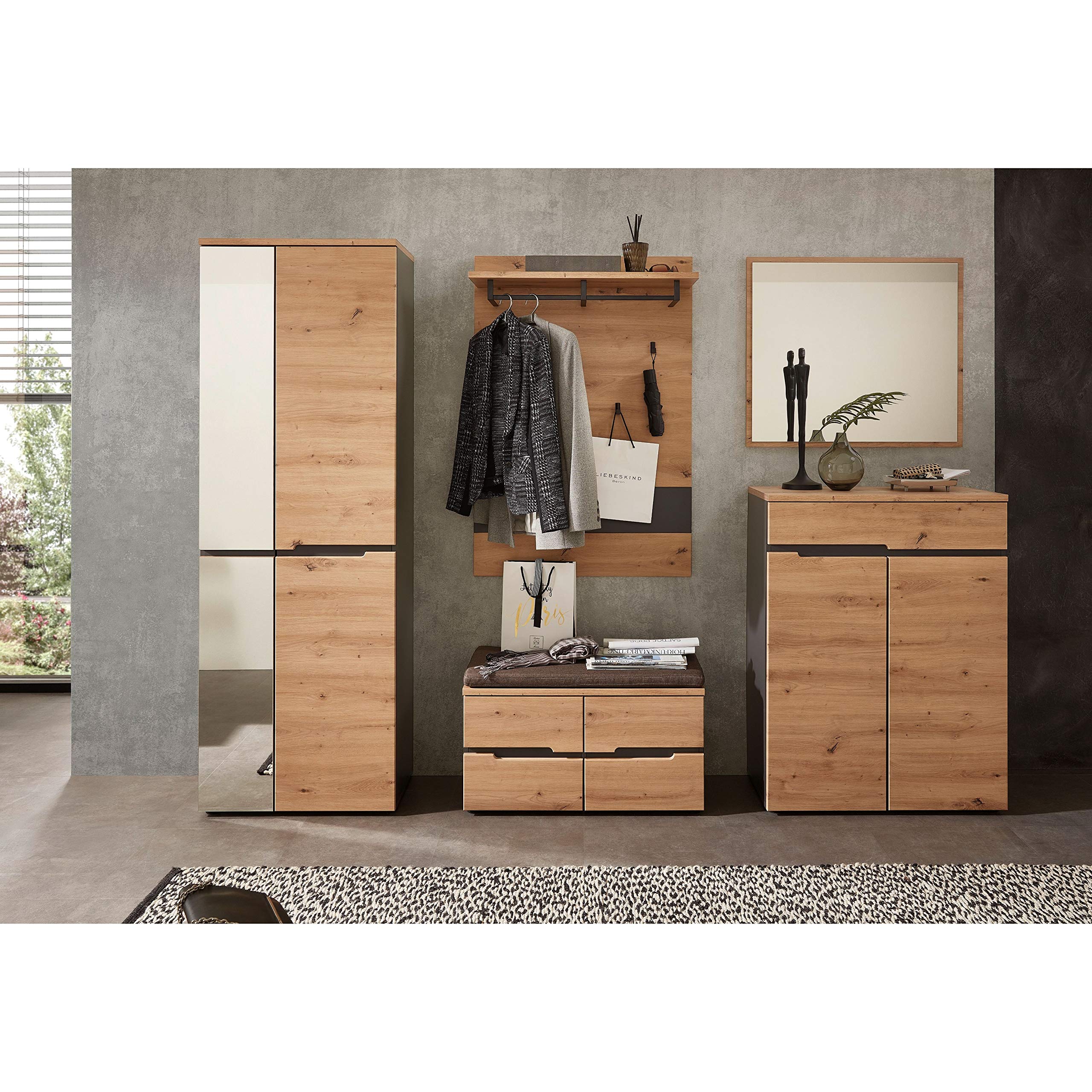 Stella Trading Garderobenpaneel in Artisan Eiche Optik Graphit - Moderne Hutablage & zuverlässige Wandhaken für Jacken & Taschen - 80 x 118 x 30 cm (B/H/T) | Wandgarderobe für den Flur mit 4 Wandhaken aus Metall, Ablageboden und integrierter Kleiderstange