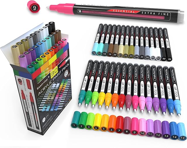 Paint Pens Acrylic Markers 30 Set 0.7mm Extra Fine Tip for Rock Painting, Vibrant, Waterproof, For Canvas, Mugs, Metal, Fabric, Wood, scrapbooking Most Surfaces. Non Toxic, Water-based, Quick Drying