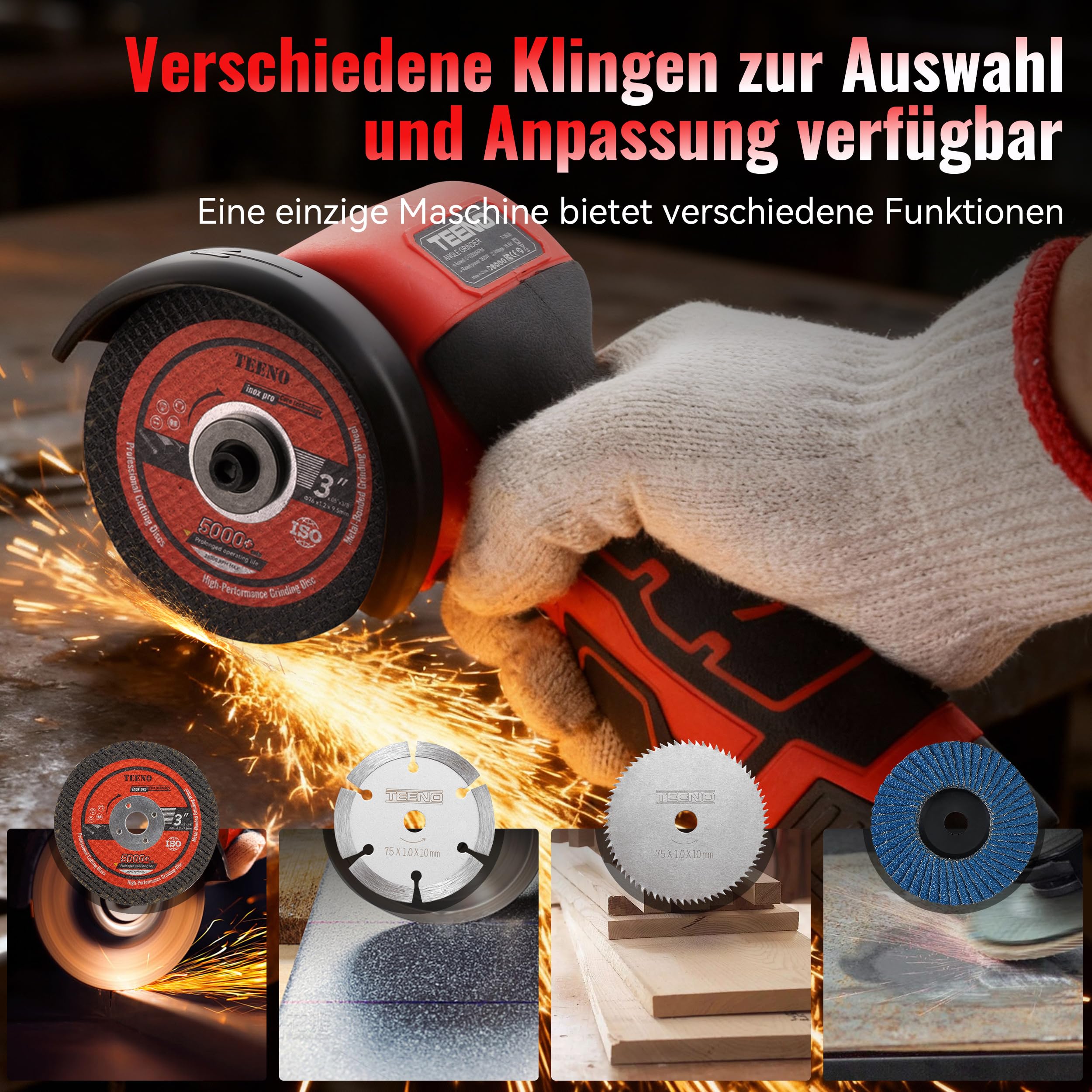 TEENO Mini Akku Winkelschleifer 16,8 V, 19.500 U/min, 76 mm Mini Flex kabellos mit 2 x 2000 mAh Akkus, Ladegerät, 6 Trennscheiben und Koffer, zum Schneiden, Schleifen und Polieren