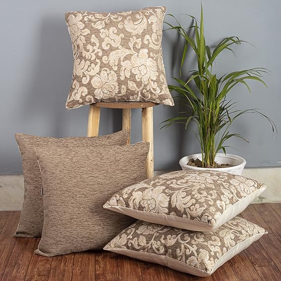 Cazimo Jacquard Floral Cushion Covers - Set of 5, 16 * 16 Inches, (Beige)