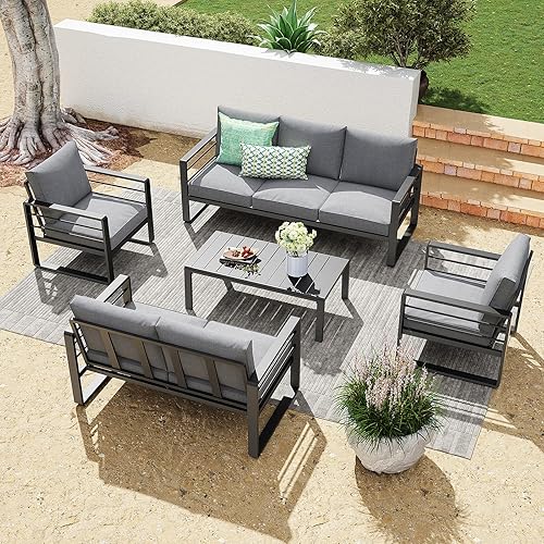 Miniatura 2 de Patiorama Juego de muebles de aluminio para patio, 2 sillones para exteriores, sofá individual, silla de metal gris oscuro para todo tipo de clima,