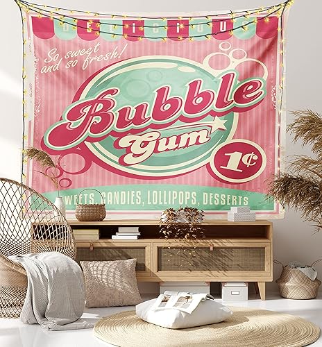 Miniatura 8 de Lunarable Tapiz retro, anuncio para tienda de dulces con fondo de rayas pastel diseño de los años ochenta, decoración de tela para colgar en la