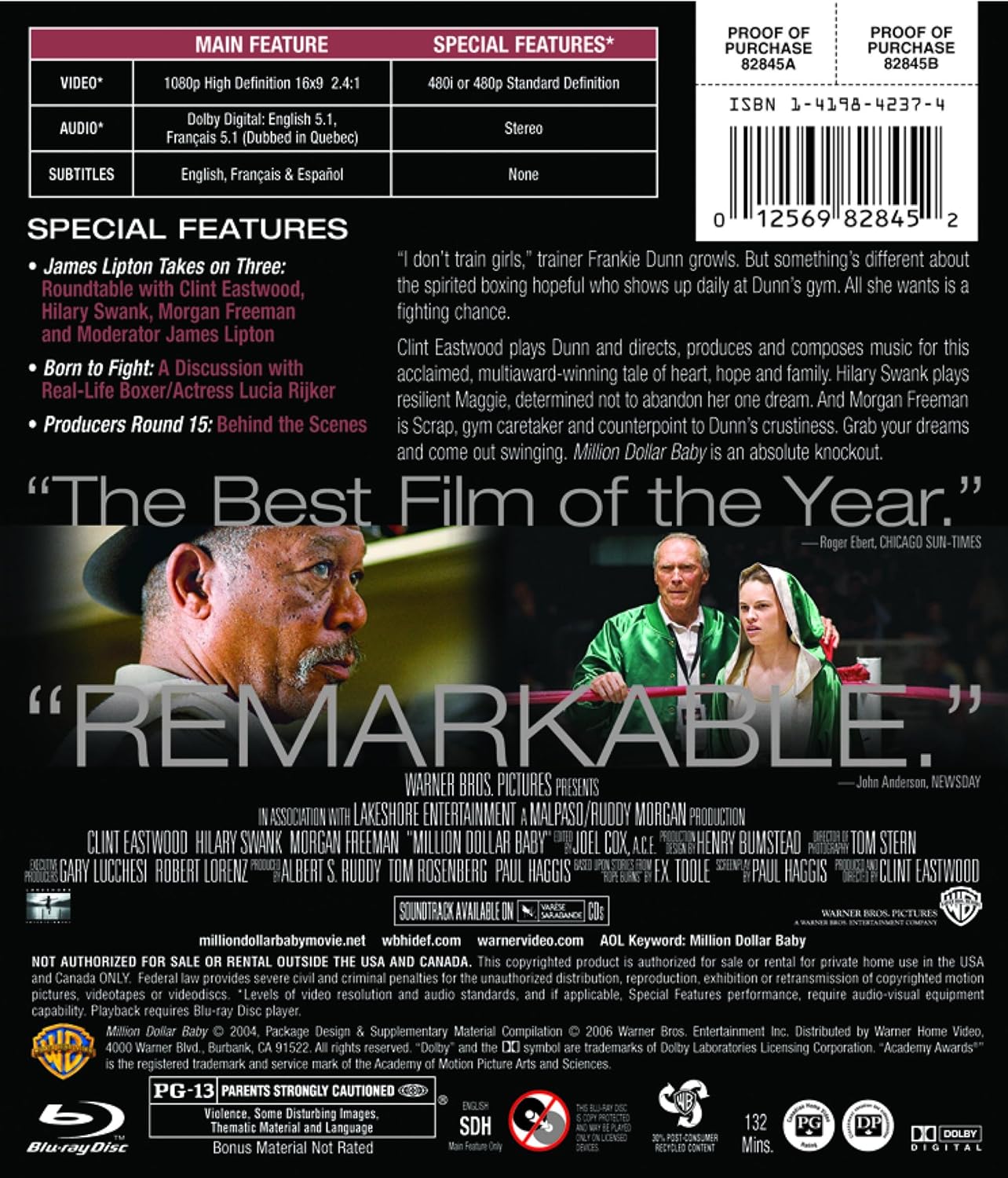 Back cover of the Million Dollar Baby Blu-ray disc case, detailing special features, audio/video specifications, and movie description.
