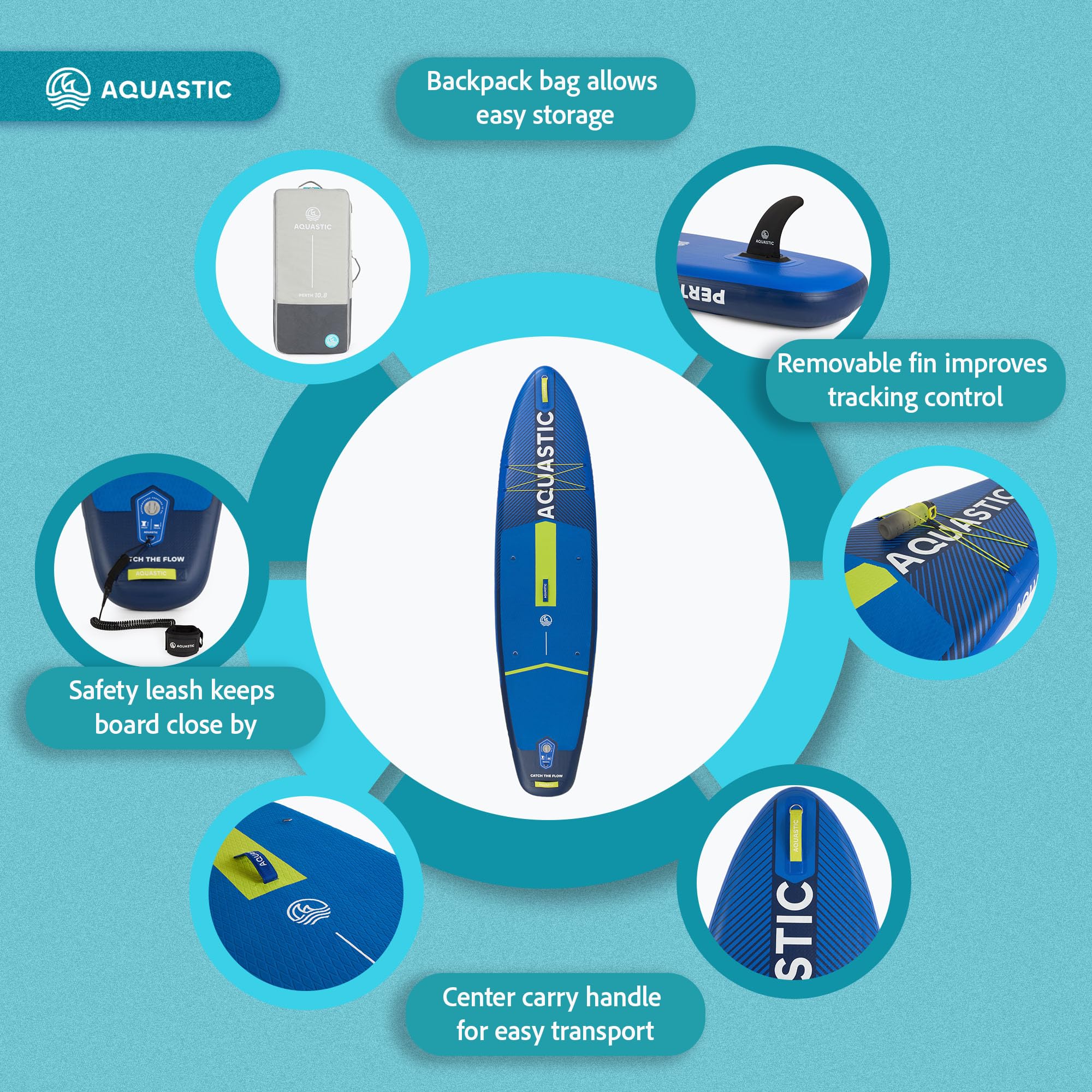 AQUASTIC Paddleboard Perth 10'8″ – zestaw SUP z plecakiem 42 × 23 × 92 cm, 3 uchwytami, siedziskiem kajakowym, 3 mm pianki EVA, balastem 9", 300 cm leash i zestawem naprawczym