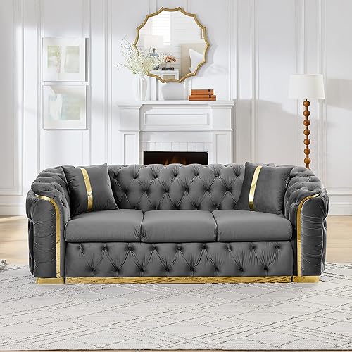 Miniatura 3 de KEIKI Sofá Chesterfield de terciopelo de lujo de 91 pulgadas con detalles de acero inoxidable dorado y 2 almohadas, estilo mediados de siglo, sofá