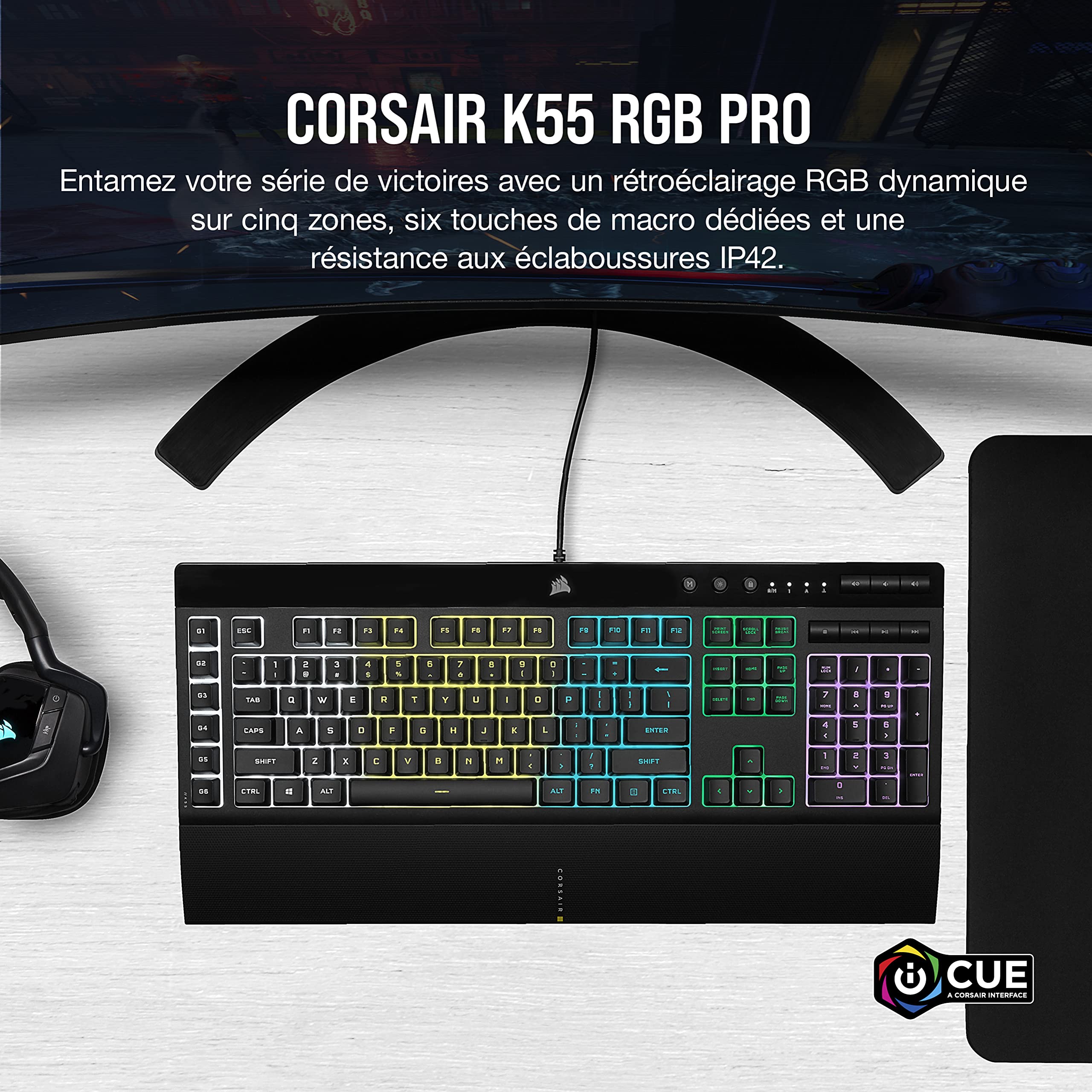 Corsair K55 RGB Pro Clavier de Jeu Filaire à Membrane (AZERTY FR) – Noir | IP42 Résistant à la Poussière et Aux éclaboussures, 6 Touches Macro Intégration Elgato, PC, Mac, Xbox