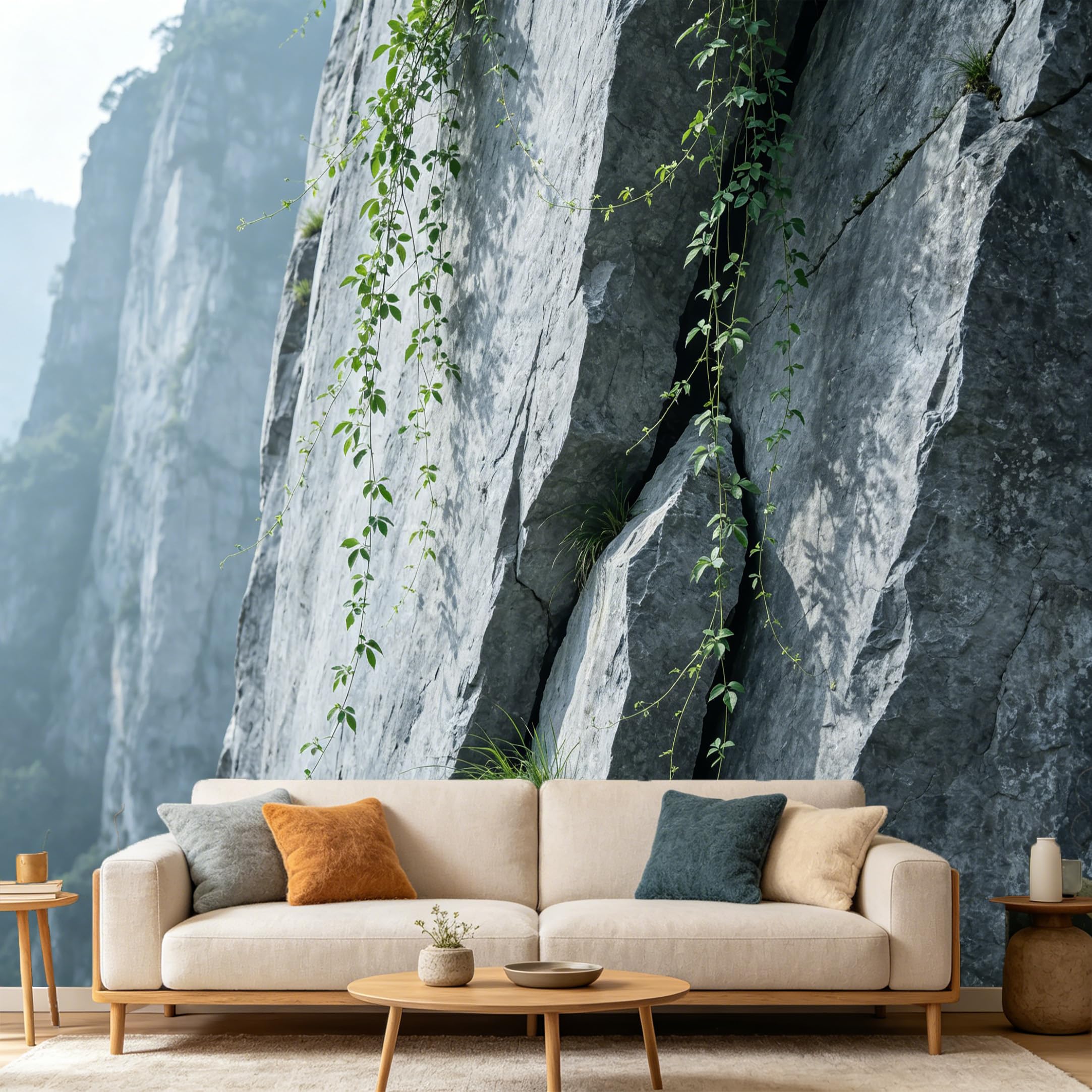 Custom Size Wall Mural Mountain Cliff Landscape Green Vines Nature SelfAdhesive Art Prints wall Fabric（No PVC） Removable Wallpaper Home Bedroom Decor
