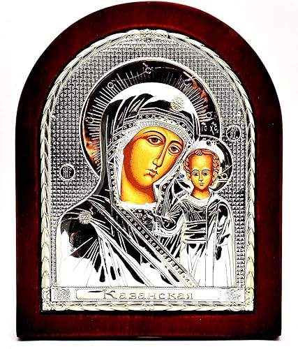Maria Kazán Icono bizantino Plata Esterlina 925tamaño tratada 25x 20cm