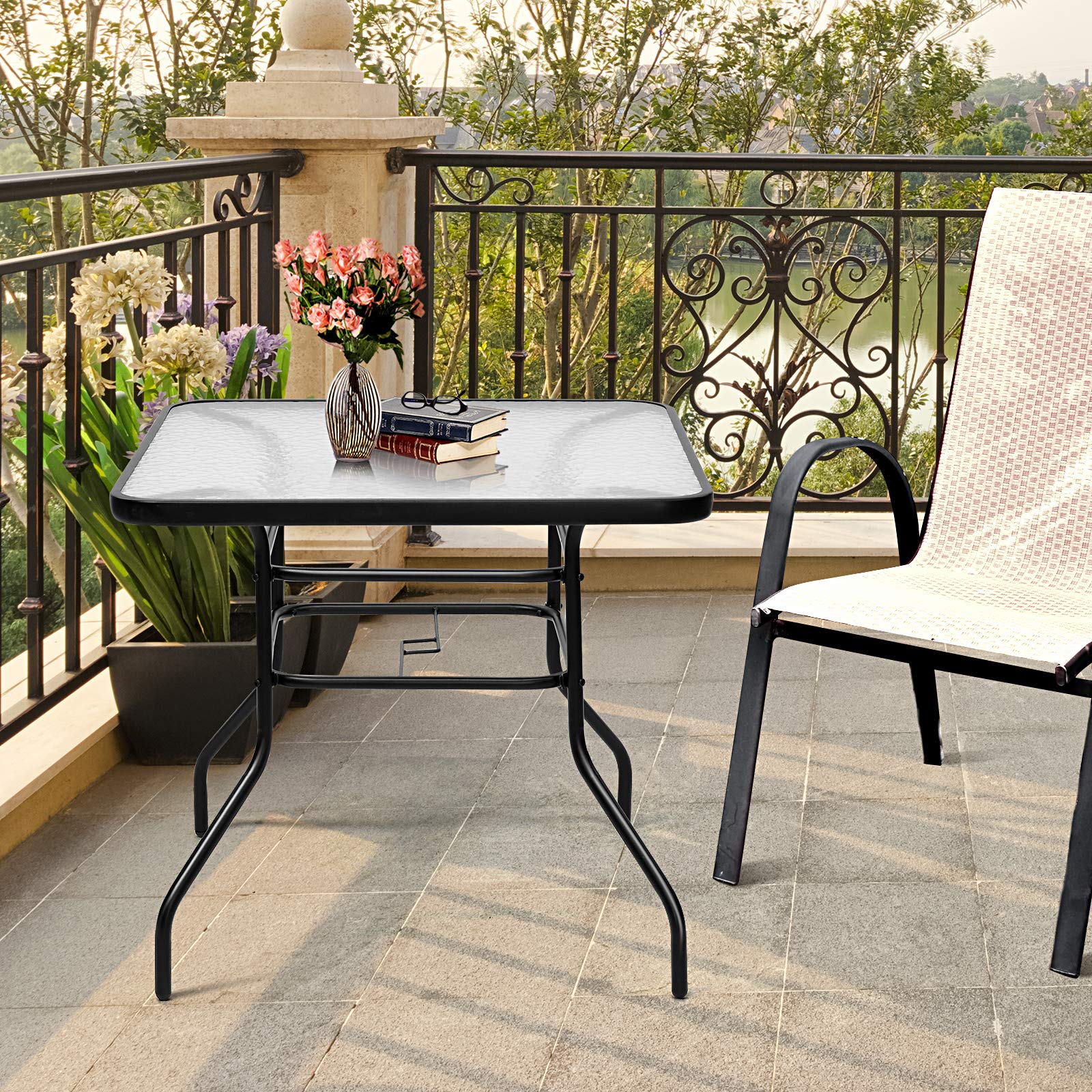COSTWAY Gartentisch quadratisch, 80x80x71cm, Balkontisch mit Schirmloch, Terrassentisch mit Tischplatte aus gehärtetem Glas, Outdoor-Esstisch für 4 Personen, für Garten, Terrasse, Balkon