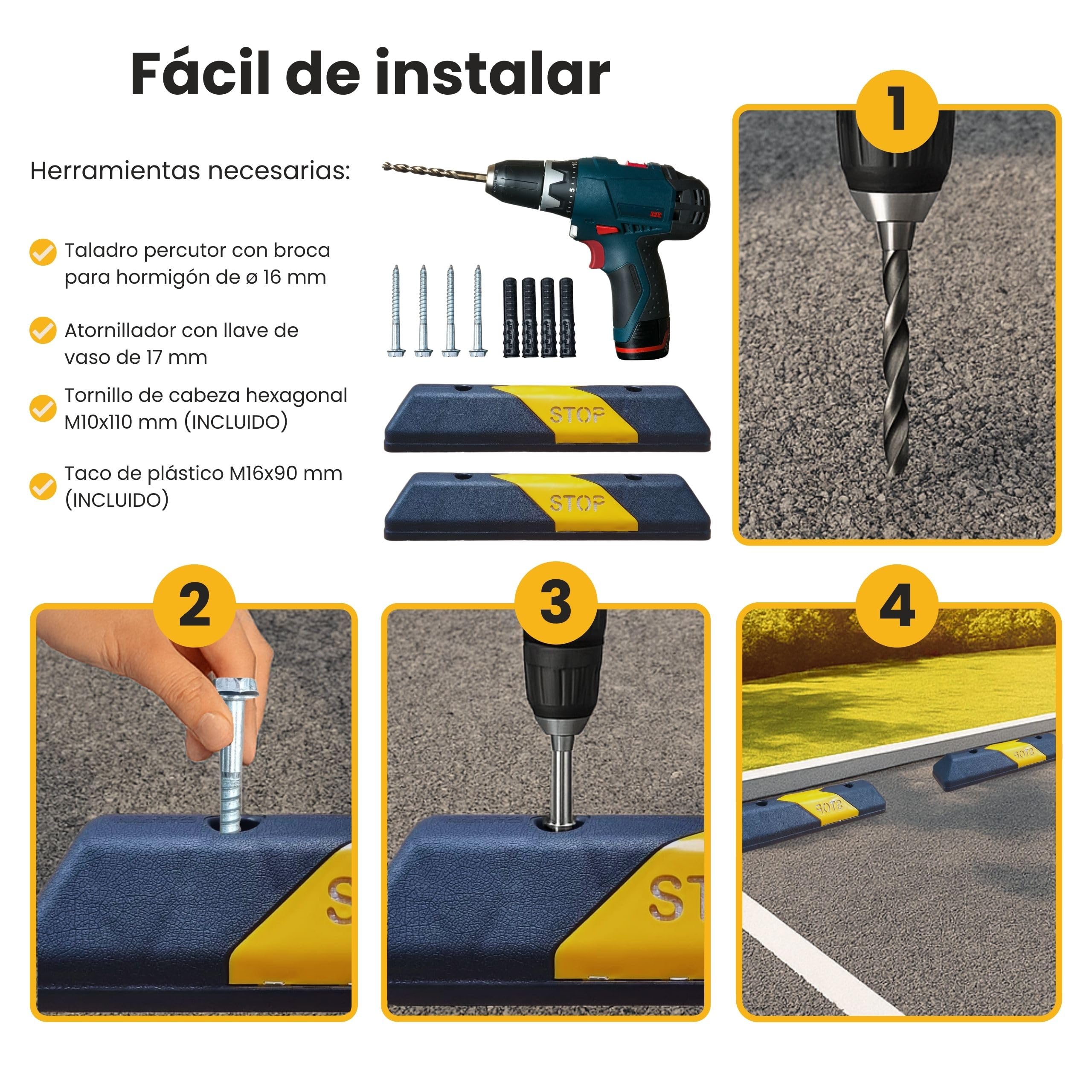 PARKING FACIL | Tope de Estacionamiento de PPC de 60 cm | Color: Negro-Amarillo | Tornillería Incluida