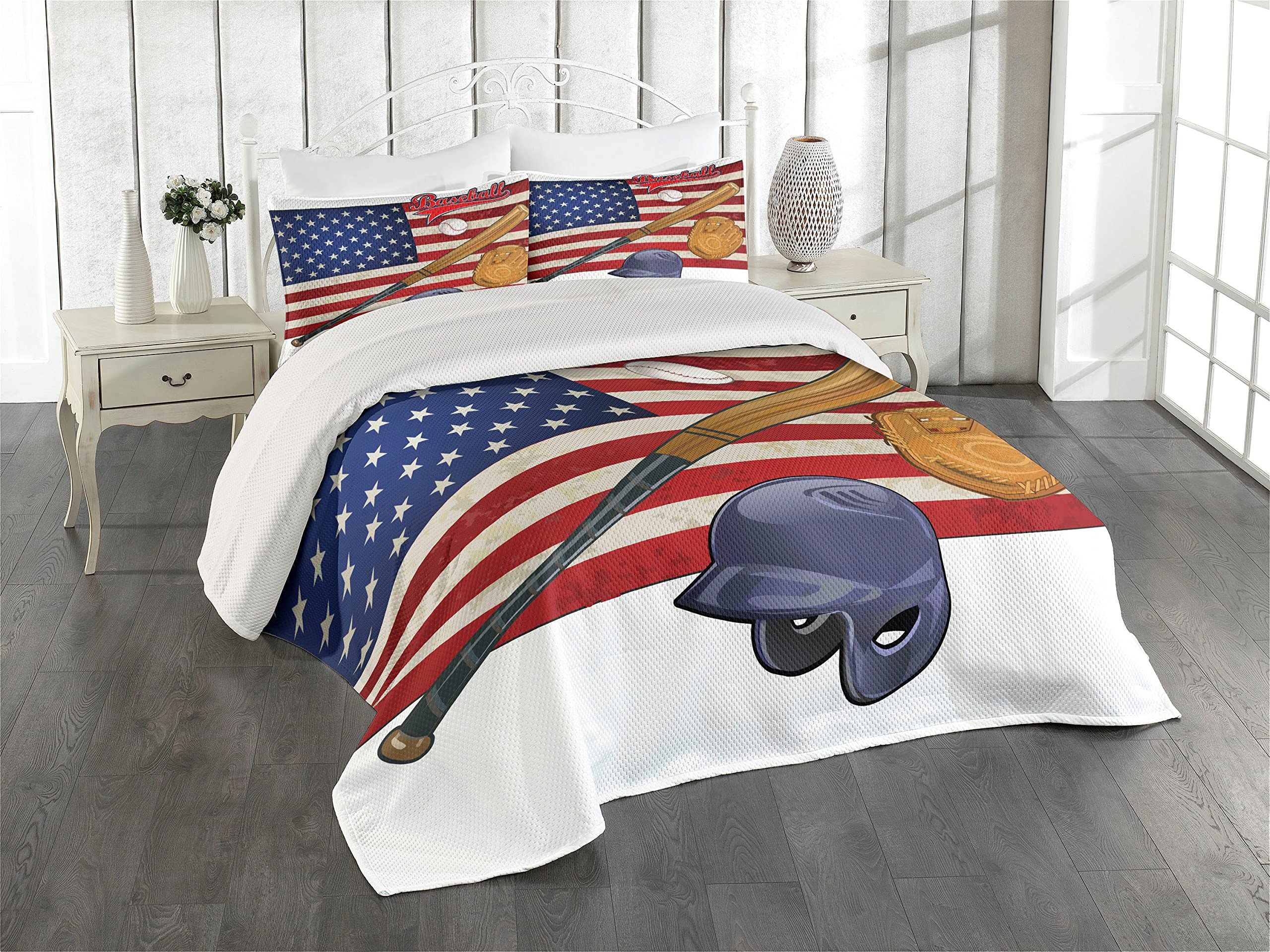 Ambesonne Sports Coverlet, USA American Flag and Baseball Equipment Championship Tournament Inspired Artwork, 3 Piece Decorative Quilted Bedspread Set with 2 Pillow Shams, King Size, Red Umber