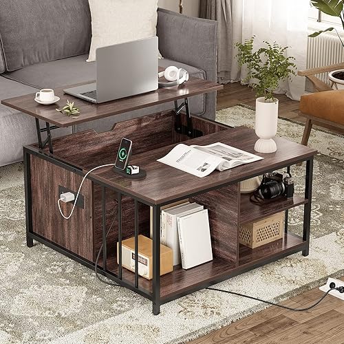 Miniatura 1 de AOGLLATI Lift Top Coffee Table with Storage and Hidden Compartment Farmhouse Square Coffee Table with Charging Station Wood Lift Tabletop Central