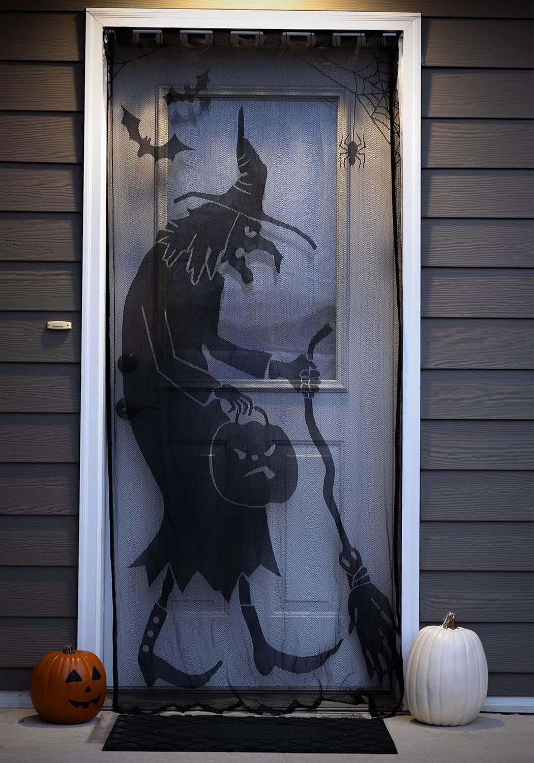 Fun Costumes 84" X 48" Scary Witch or Treat Front Door Curtain Decoration, Halloween Broomstick Bats Flying Jagged Bottom Display