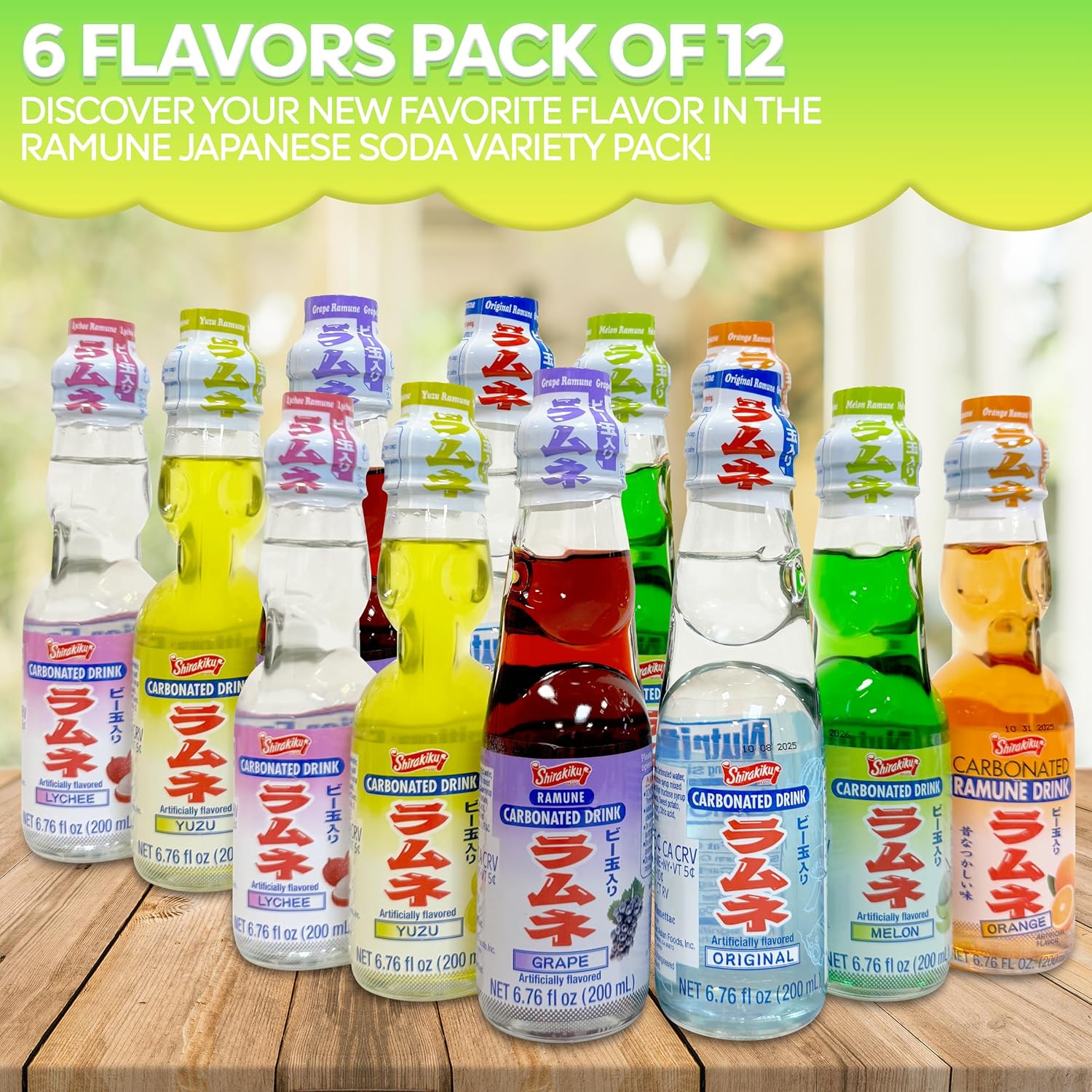 Ramune Japanese Soda Soft Drinks - Sparkling Beverage for Parties, Original, Yuzu, Grape, Orange, Melon, Lychee Flavored Soda Drinks, Refreshing Japanese Marble Soda (12 Pack, 2 of each flavor)