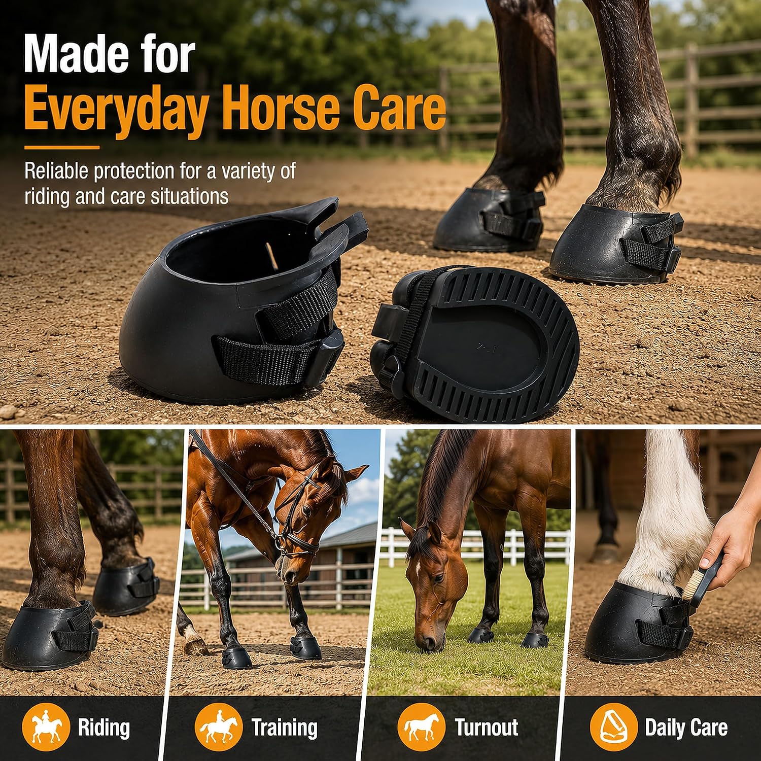 Horse Hoof Boots, 2 Pack Rubber Hoof Protectors for Riding (L) | rubber shell, adjustable strap, textured sole, easy to clean, for riding training turnout and daily hoof care