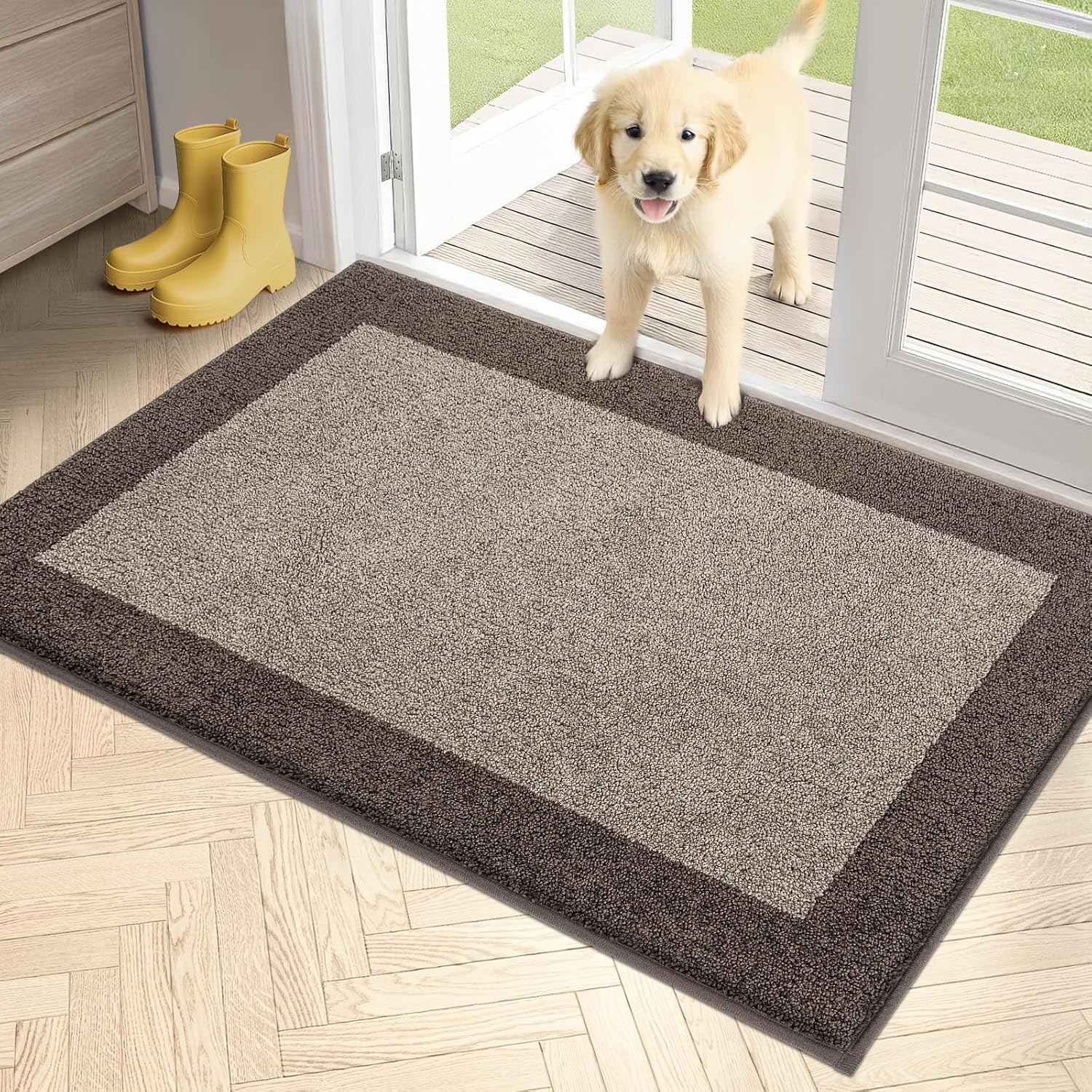 PURRUGS Dirt Trapping Door Mat 32" x 48", Non-Slip/Skid Machine Washable Entryway Rug, Shoes Scraper, Throw Rug, Super Absorbent Area Rug for Muddy Wet Shoes and Paws, Beige & Grayish Brown