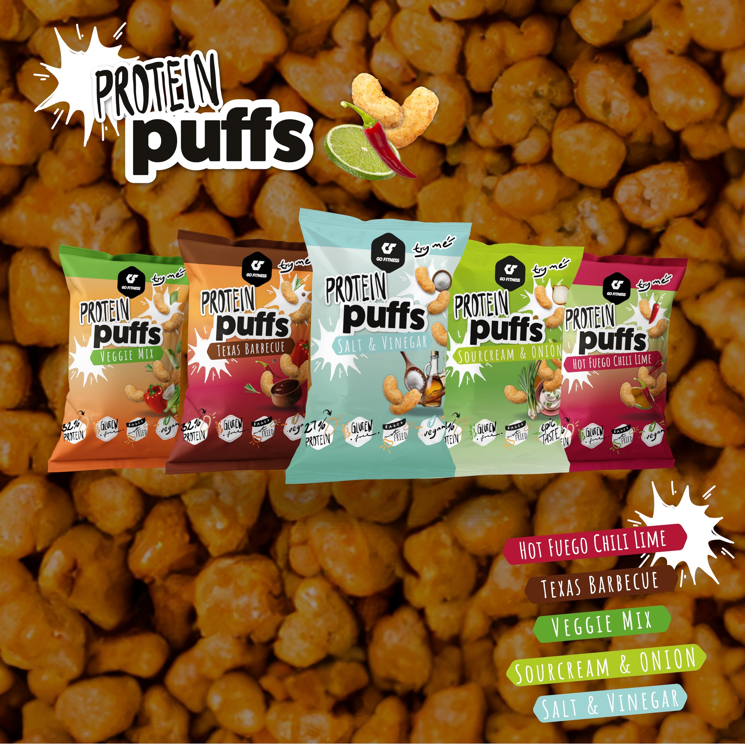 Go Fitness Nutrition – Protein Puffs – Salt & Vinegar – 6-Pack – Proteinreicher Snack, Wenig Zucker, Knusprig und Würzig