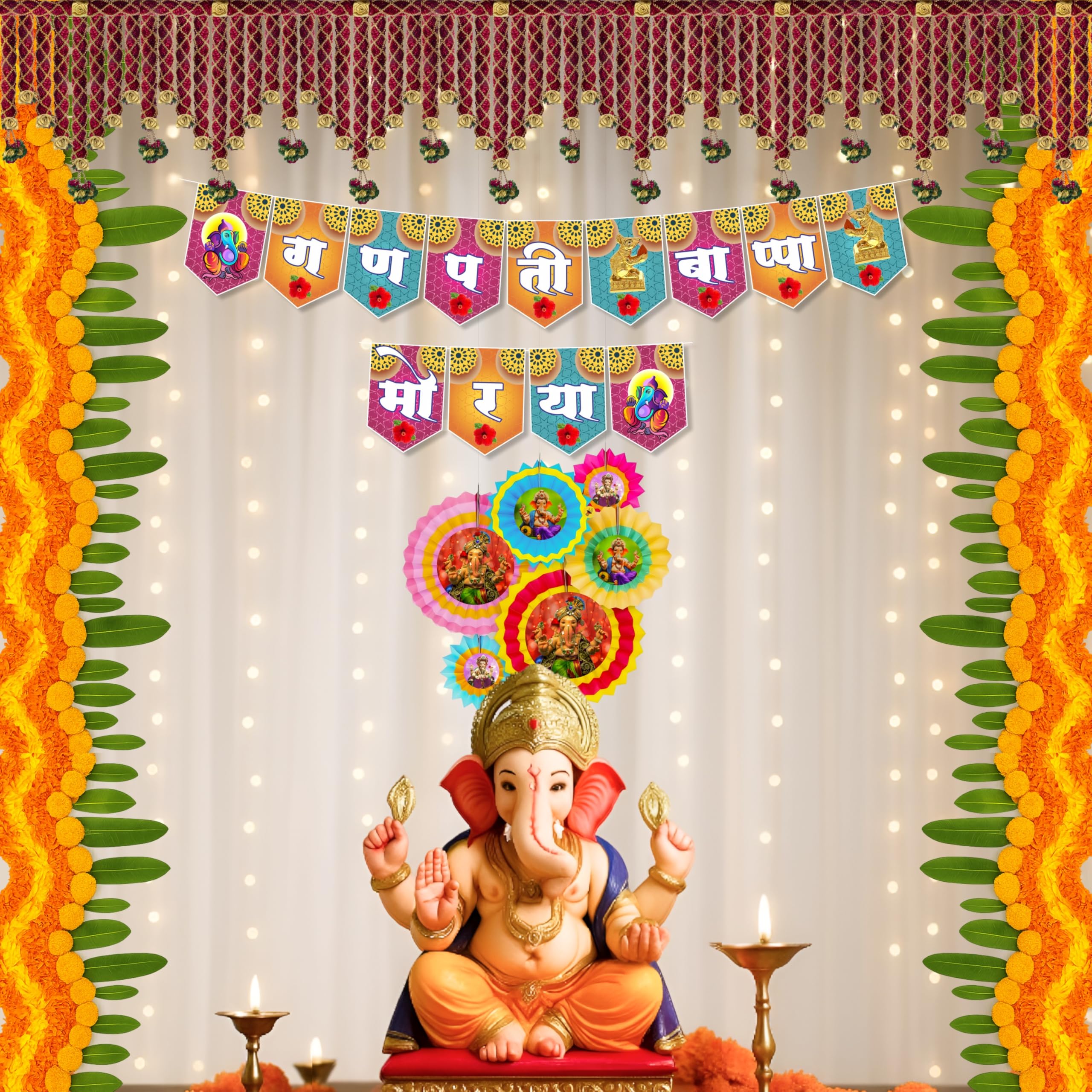 The Decor Queen Ganpati Decoration setup for home Items for Ganesh Chaturthi | Banner, Toran, Decorative Fans, Mesh Curtain & Fairy Lights | Mandap & Home Festival Decor Kit for Ganpati Pooja