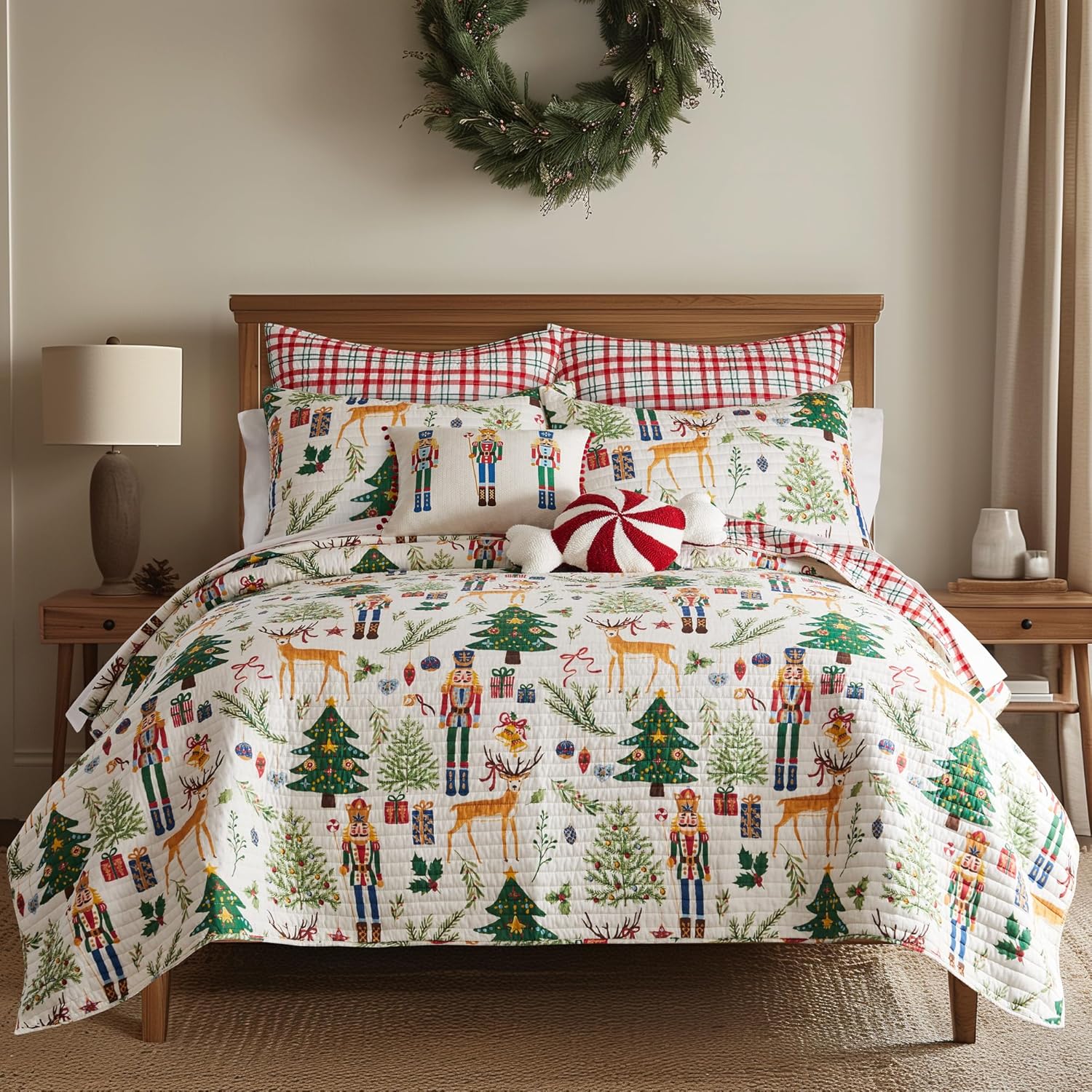 Levtex Home - Nutcracker Quilt Set - King Quilt and Two King Shams - Whimsical Christmas - Red Green White Taupe - Quilt (106x92in.) and Shams (20x36in.) - Reversible - Cotton/Polyester