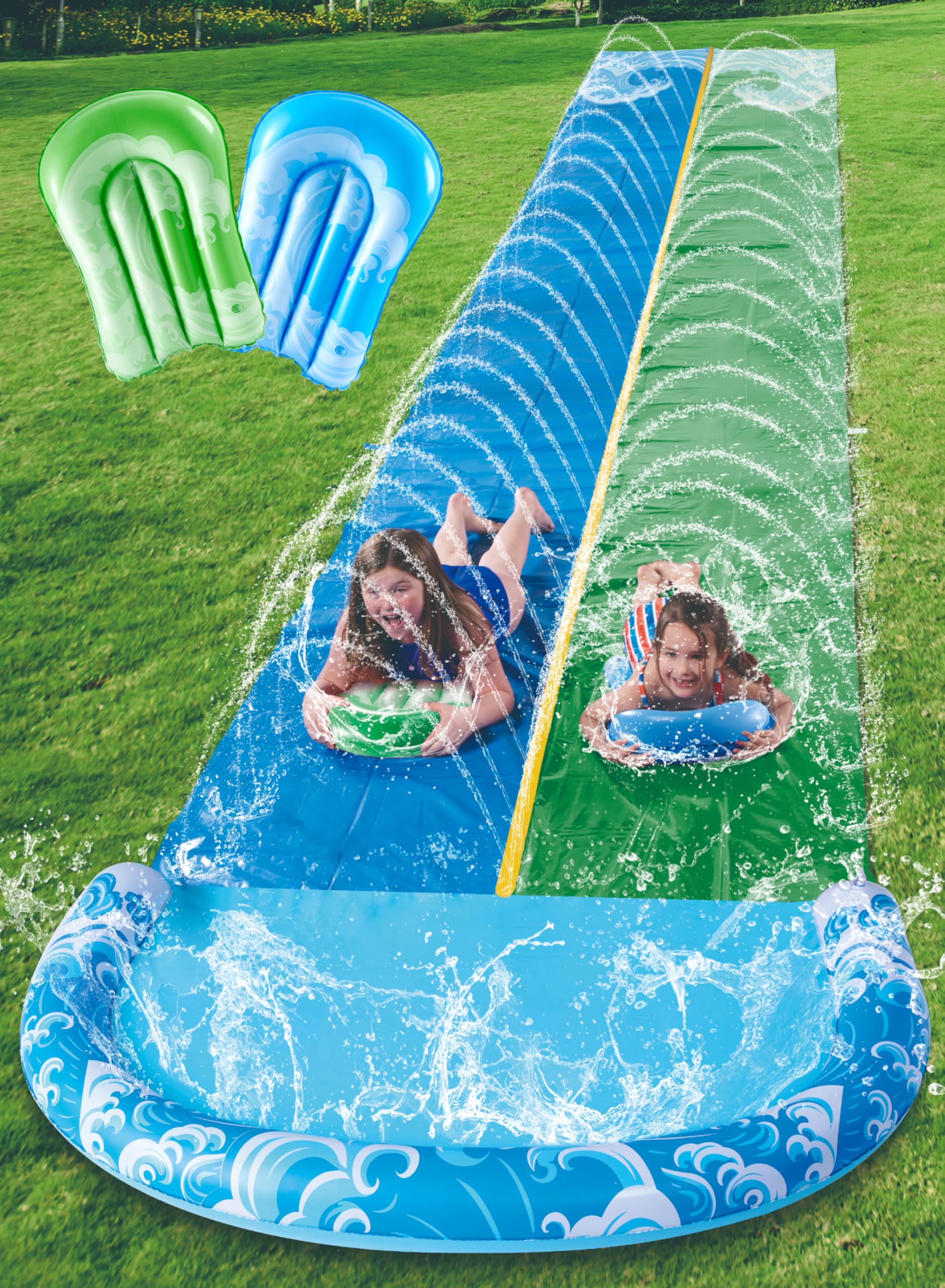 JOYIN 32.5FT Water Slide and 2 Inflatable Boards, Extra Long Heavy Duty Double Lawn Waterslide with Sprinkler for Kids Adults Backyard Summer Water Toy Outdoor Fun, Blue, Green