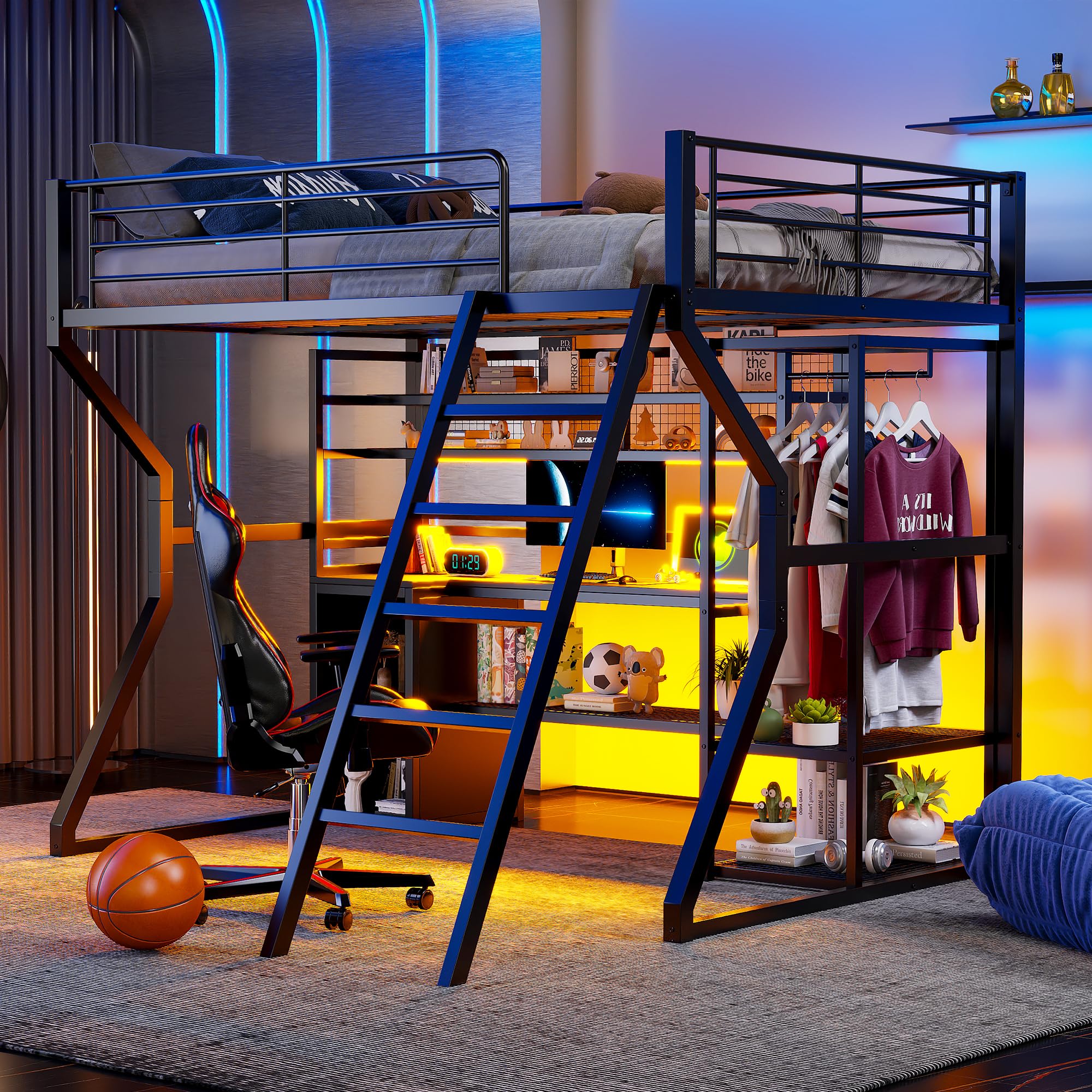 Gaming Loft Bed Full Size, Metal Loft Beds with Desk & Storage Shelves, Open Wardrobe, Heavy-Duty Full Loft Bed Frame with Light & Charging Station for Adults Teens Boys Girls, Black
