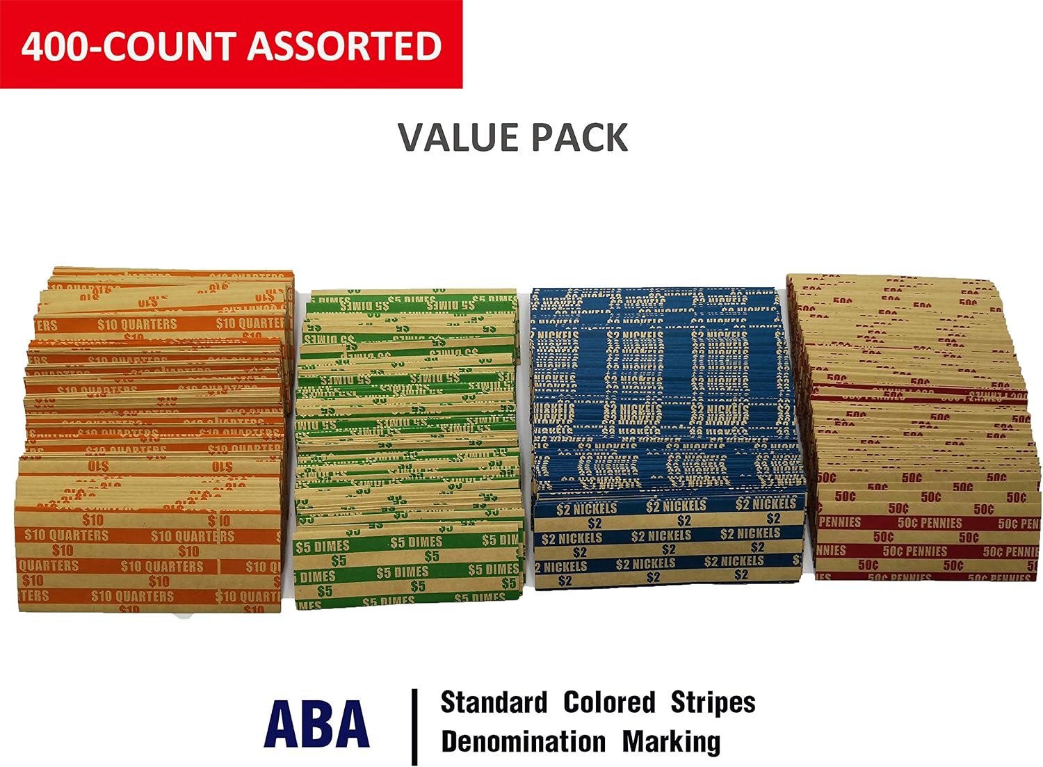 Flat Coin Wrapper 400 Assorted Pack, ABA-Standard Colored Striped Durable Kraft Paper