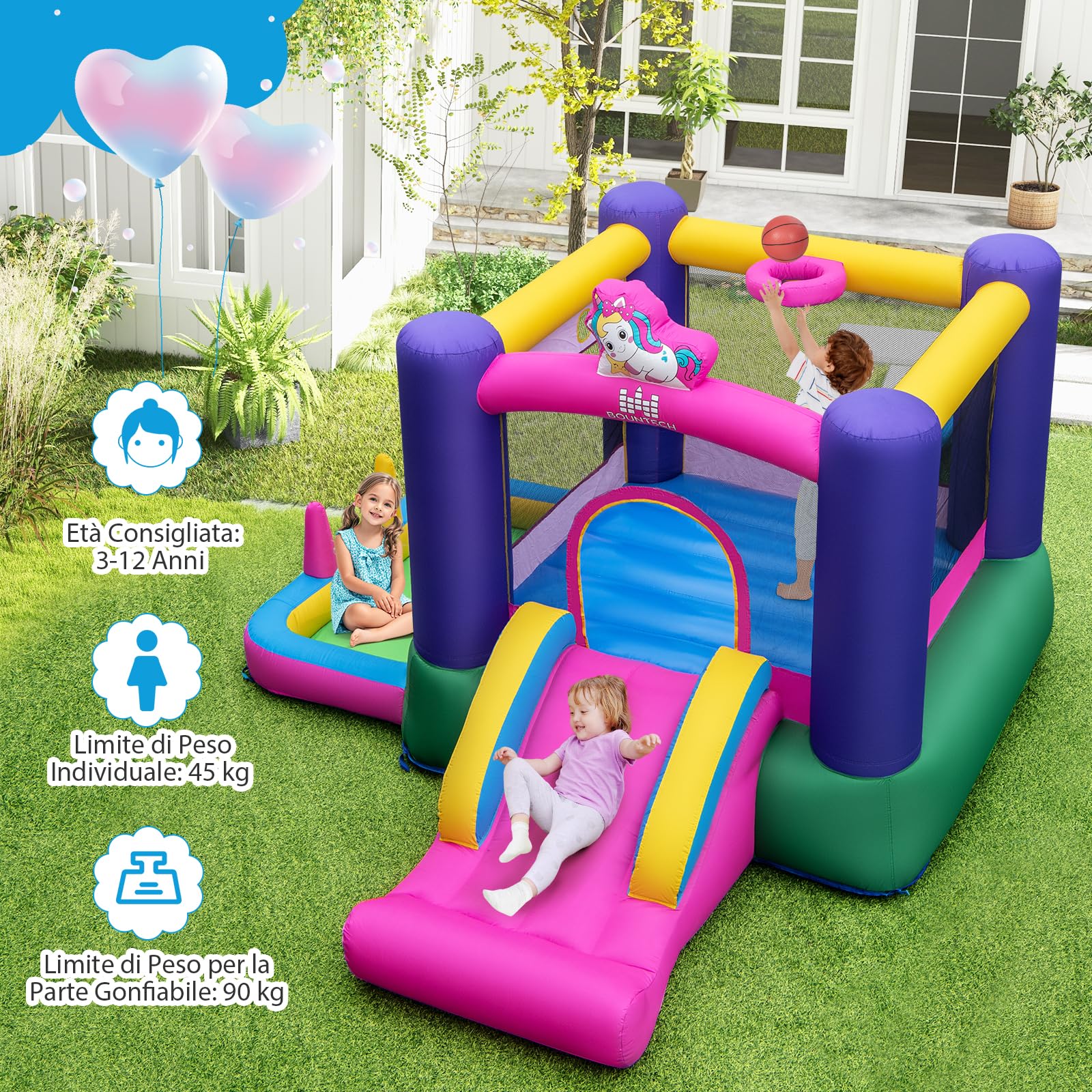 COSTWAY Castello Gonfiable 6 in 1 per Bambini con Scivolo, Castello Gonfiabile con Trampolino, Piscina e Canestro Basket, Gioco Gonfiabile da Interno ed Esterno, per Bambini da 3 a 12 Anni