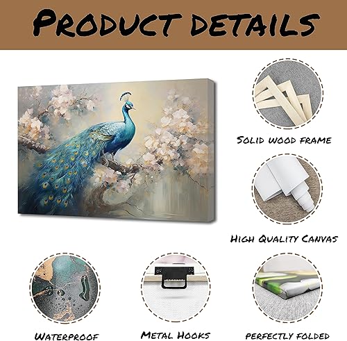 Miniatura 6 de QIXIANG Lienzo decorativo para pared, diseño retro y elegante de pavo real sobre ramas de flores, impresiones de imágenes para decoración del hogar