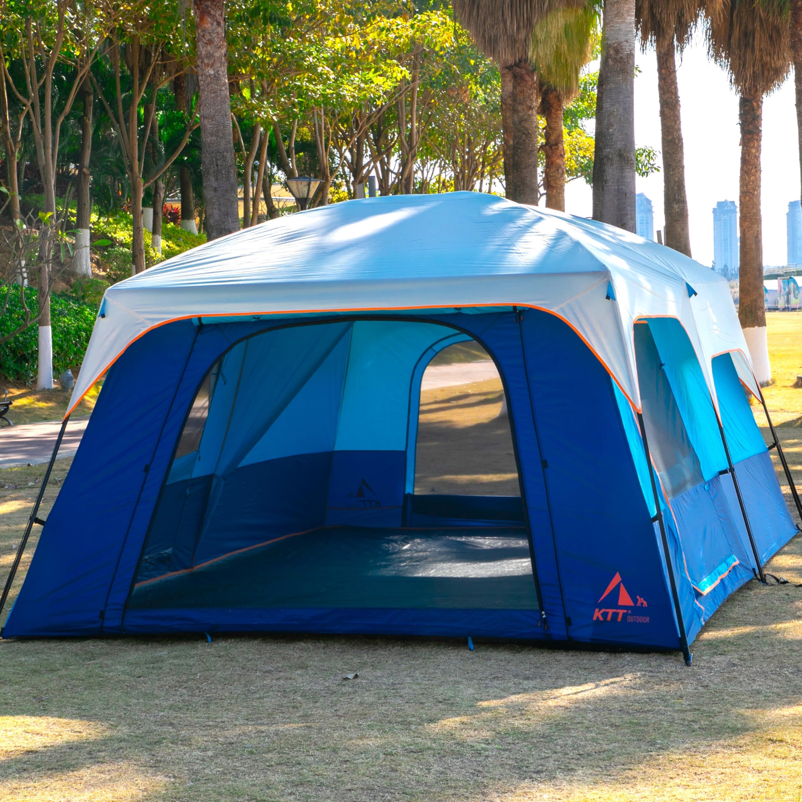 KTT Extra großes Zelt für 14 Personen, Familien-Kabinenzelt, 2 Zimmer, 3 Türen und 3 Fenster mit Netz, gerade Wand, wasserdicht, doppellagig, großes Zelt für Outdoor, Picknick, Camping Sport & Freizeit