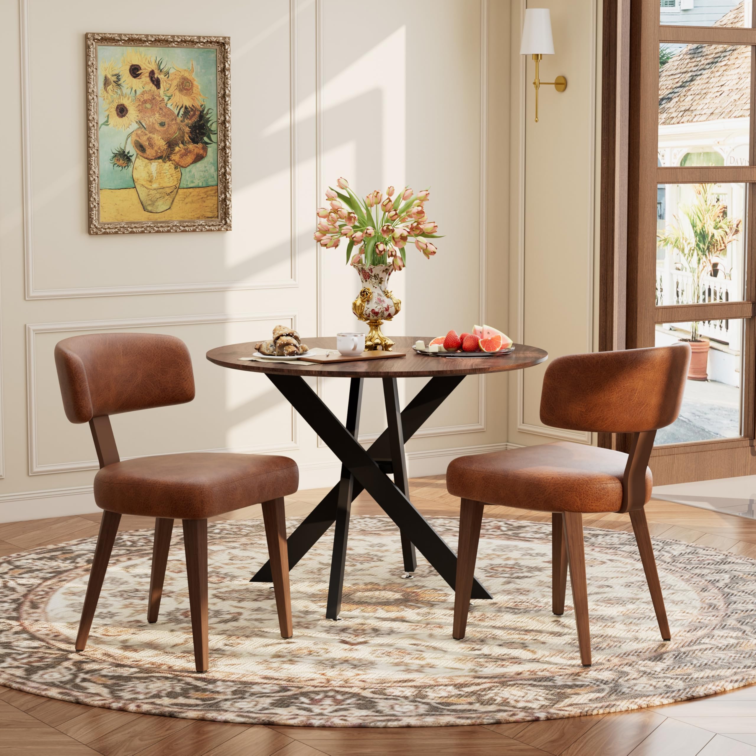 Wood Dining Table Set for 2, 36" Round Kitchen Table with 2 Faux Leather Dining Chairs, MDF Tabletop with Metal Legs, Ergonomic Dining Chair with Metal Legs(Woodgrain Table with Brown Chairs)