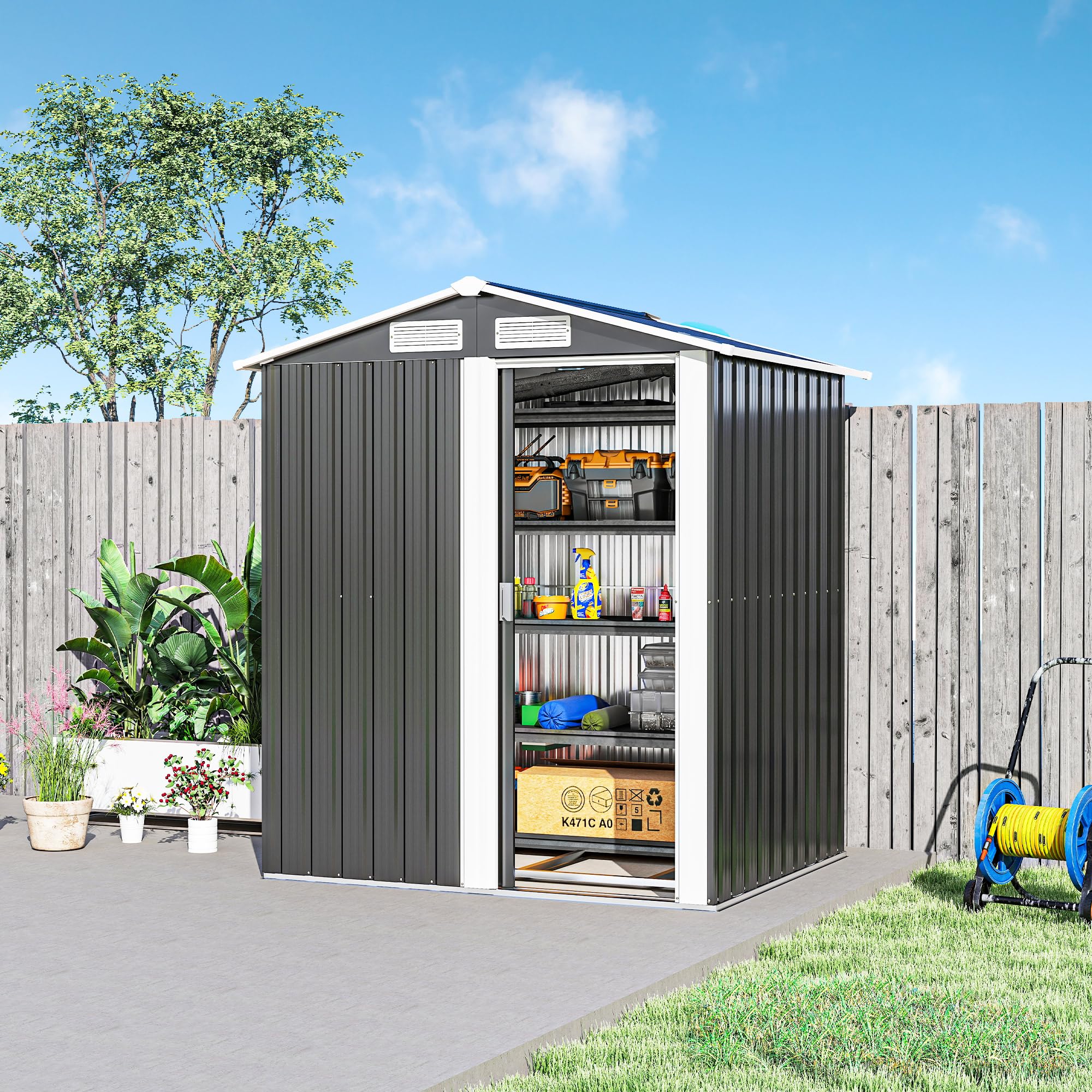 Outsunny Casetta da Giardino 1.7m² in Acciaio Zincato con kit Fondazione, Capanno da Giardino Porta Attrezzi con Tetto Inclinato, 4 Prese d'Aria, Porta Scorrevole, 152x132x188 cm, Grigio Scuro