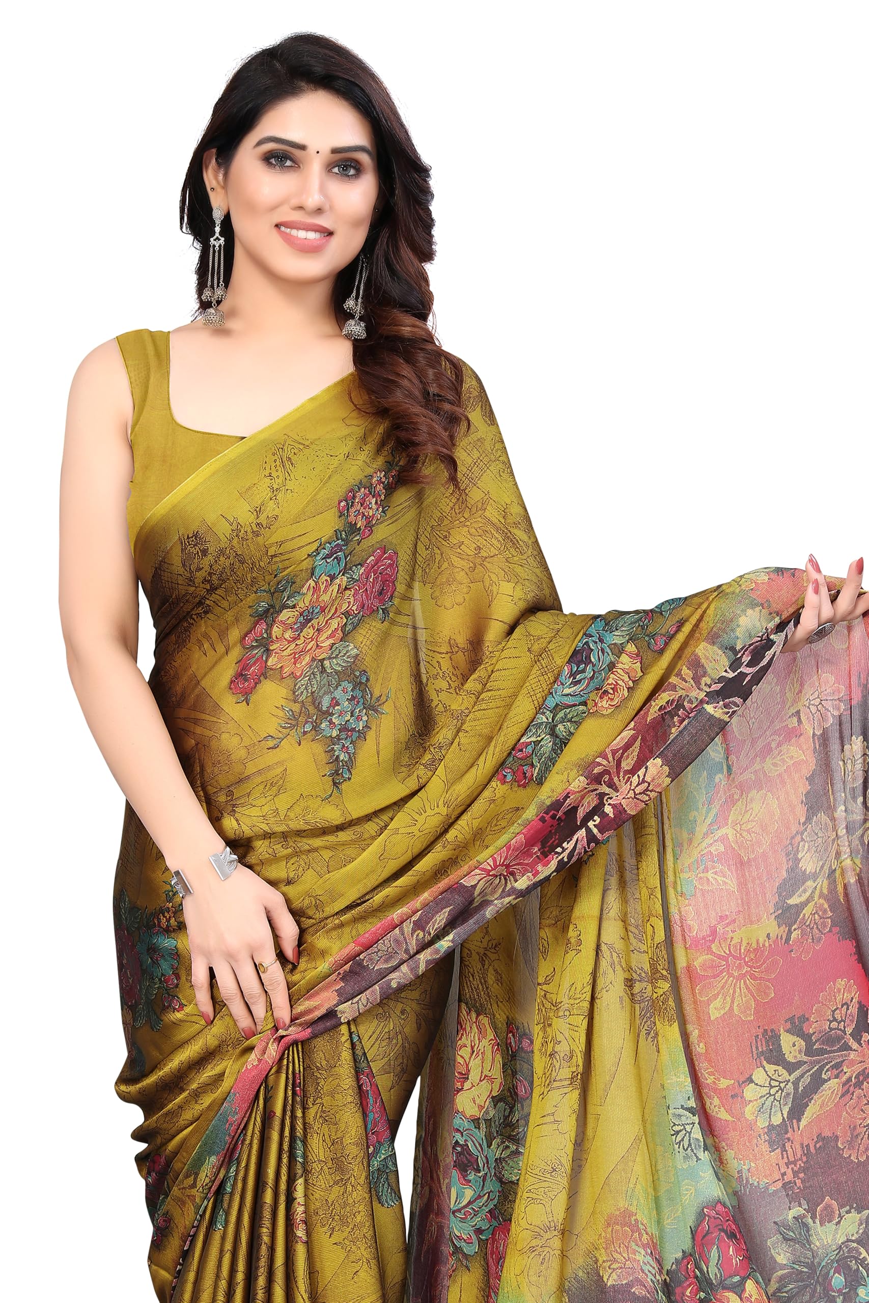 Women's Stylish Chiffon Floral Printed Saree with Blouse Piece