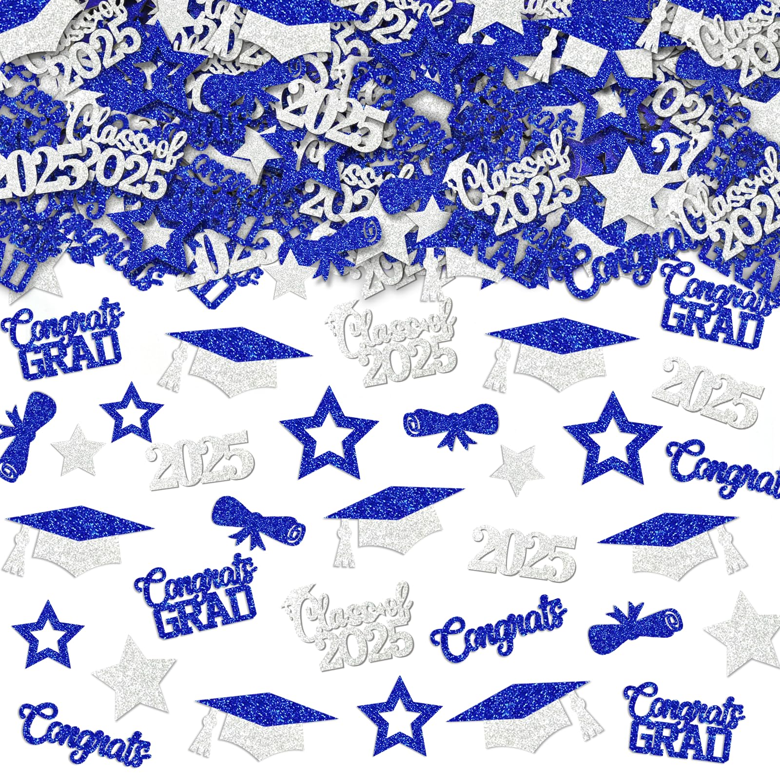 200Pcs Blue and Sliver Graduation Confetti 2025 Graduation Table Confetti 2025 Congrads Table Decorations Blue and Sliver Grad Class of 2025 Party Supplies