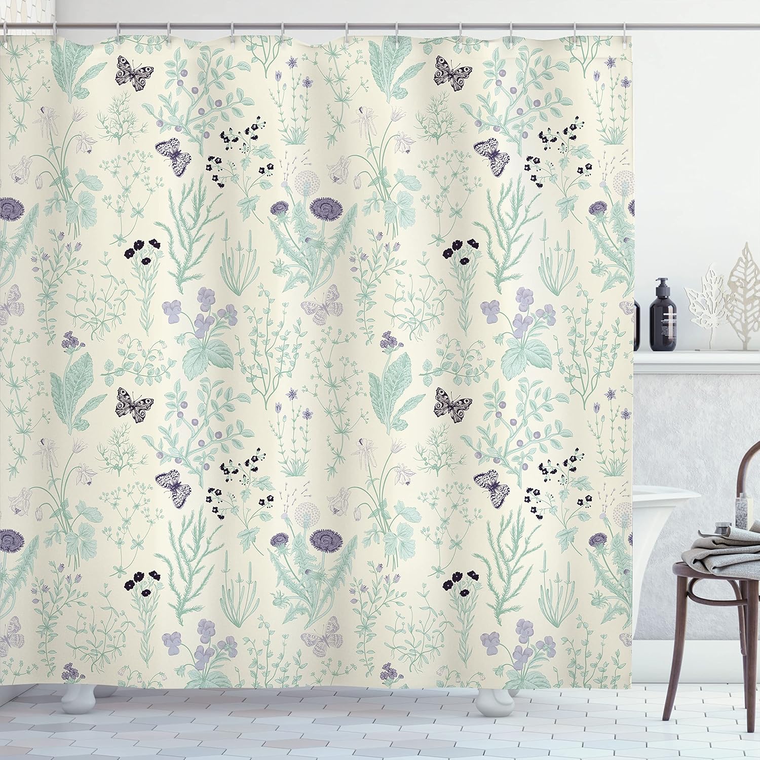 Ambesonne Floral Shower Curtain, Vintage Garden Plants Herbs Flowers Botanical Classic Design Illustration, Cloth Fabric Bathroom Decor Set with Hooks, 69" W x 70" L, Pale Yellow