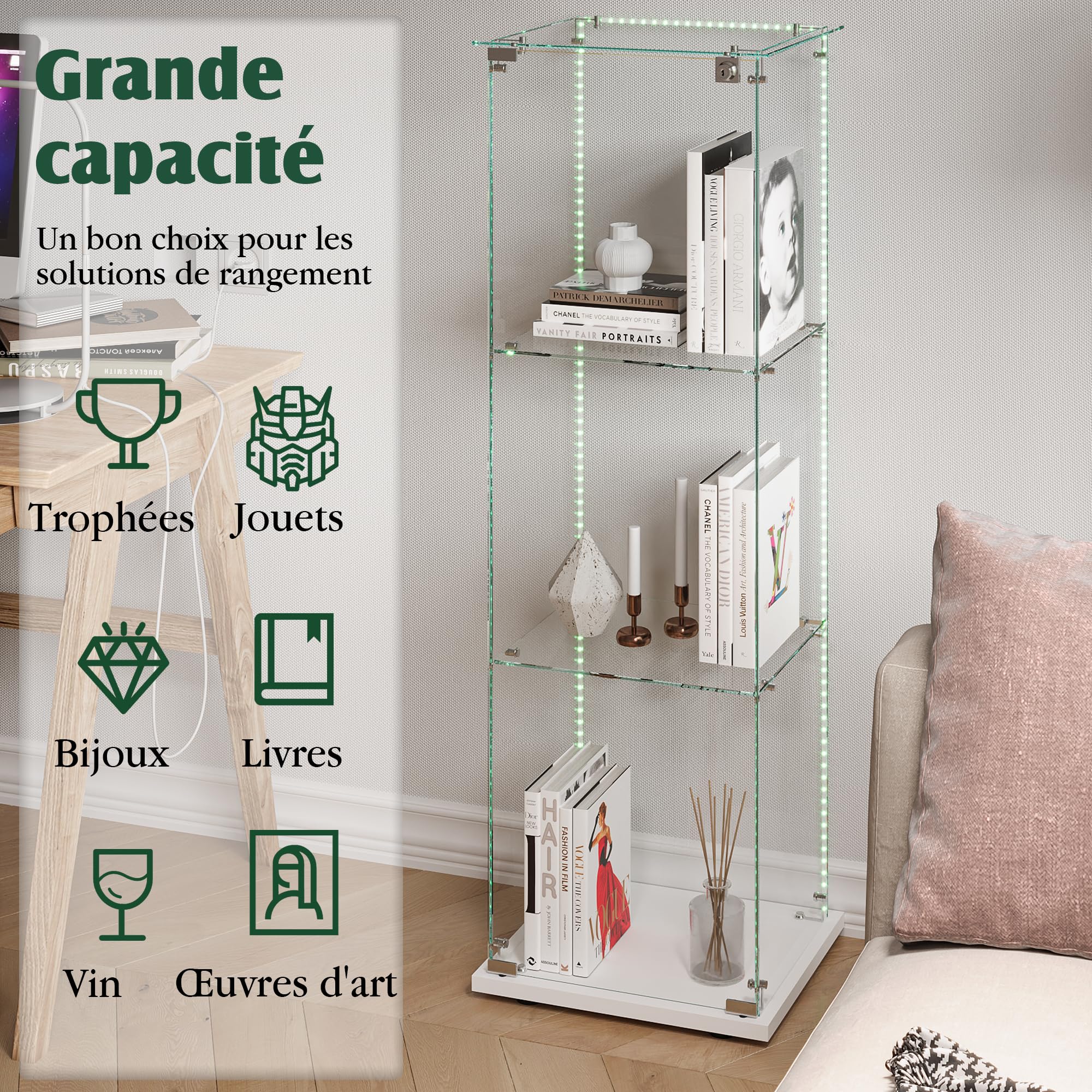 Glasvitrine Standvitrine,Glasvitrine Stehend mit Led,3 Lagen Glas Holz Glas Vitrine Vitrinenschrank 1 TüR und Schloss Vitrine Glasschrank Display Cabinet Sammlervitrine (Weiß, 3 Etagen 1 Tür+LED-2)