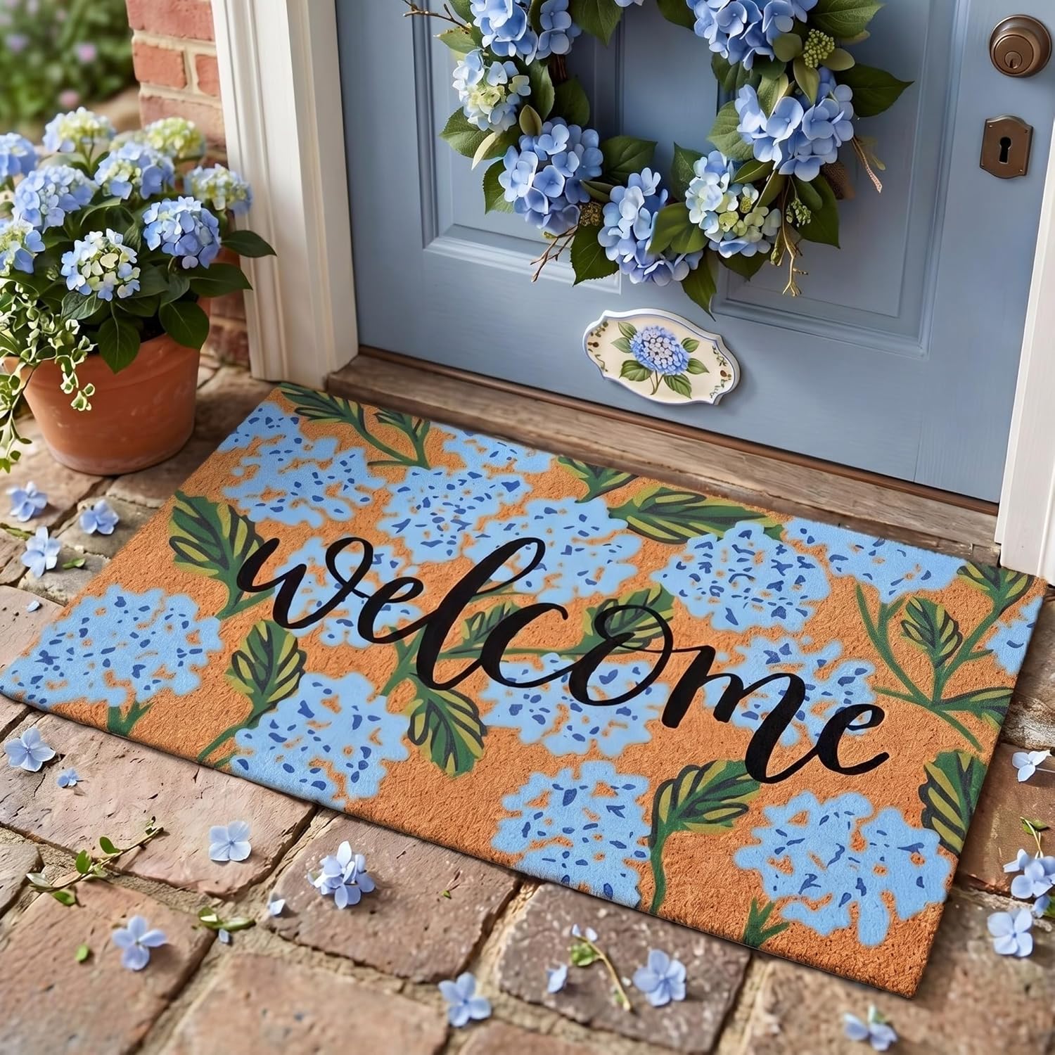 Jenaai Hydrangea Summer Doormat, 16 x 29 Inches, Floral Welcome Mat with Non-Slip Backing, Durable Coir Summer for Front Door, Entryway, Patio, and Porch Decor