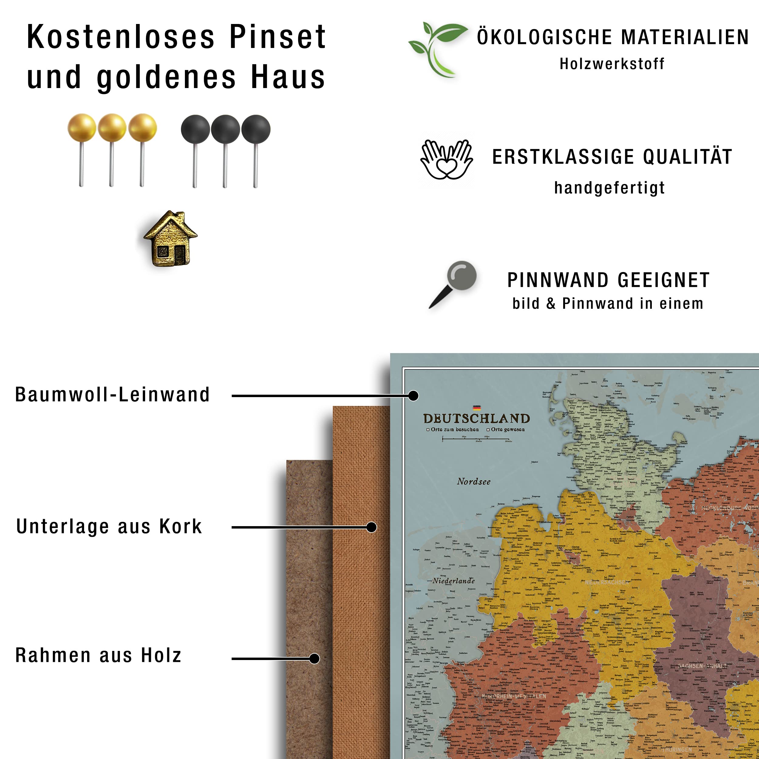 Płótno mapa Niemiec z korkiem do przypinania celów podróżnych, dekoracja ścienna do każdego pomieszczenia – wysokiej jakości obrazy na płótnie z mapą Niemiec w różnych rozmiarach