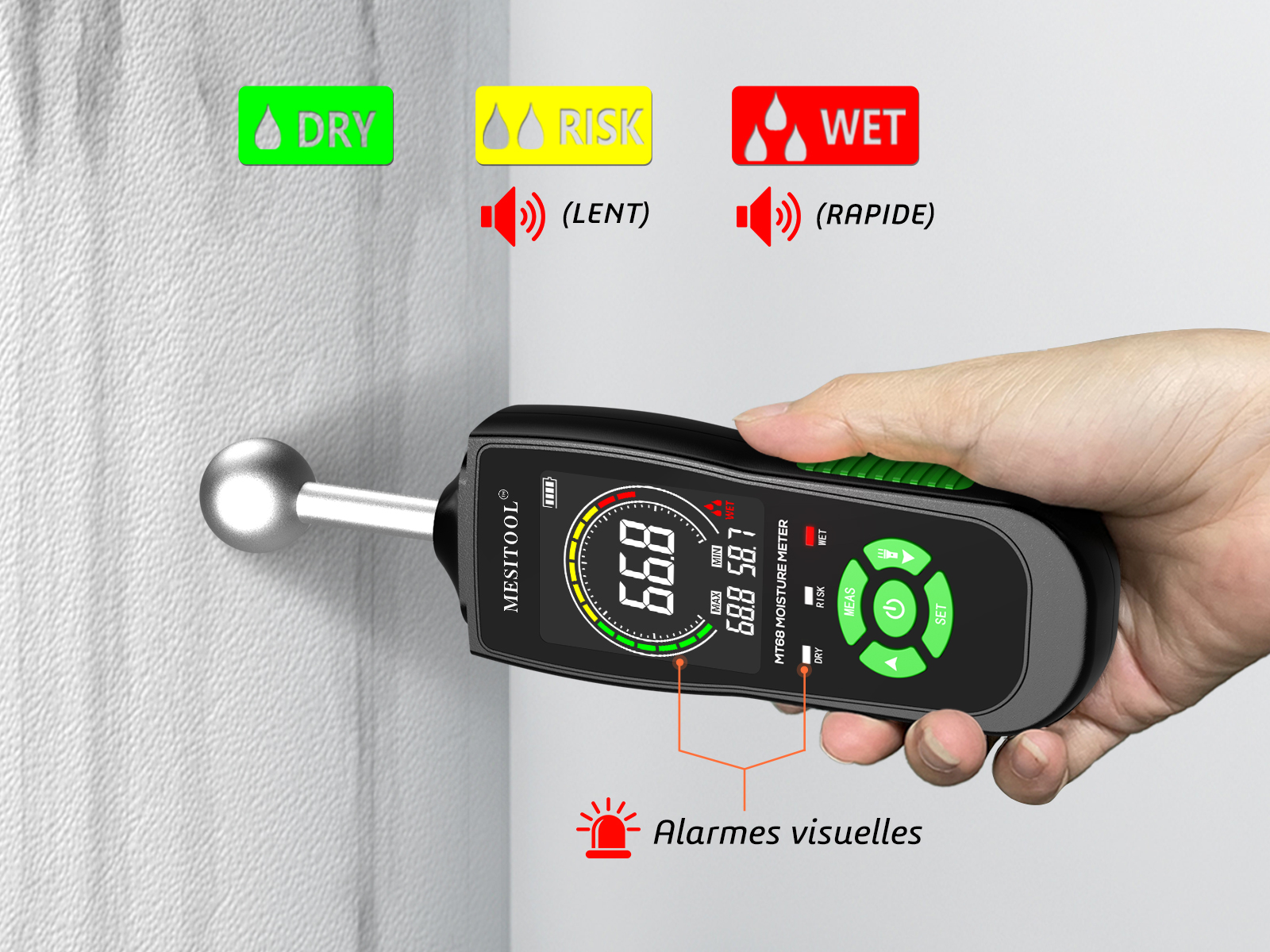 RDINSCOS Testeur Humidité Sans Broche MT28C - Détecteur Mur Béton Bois Avec Alarme Et Couleur
