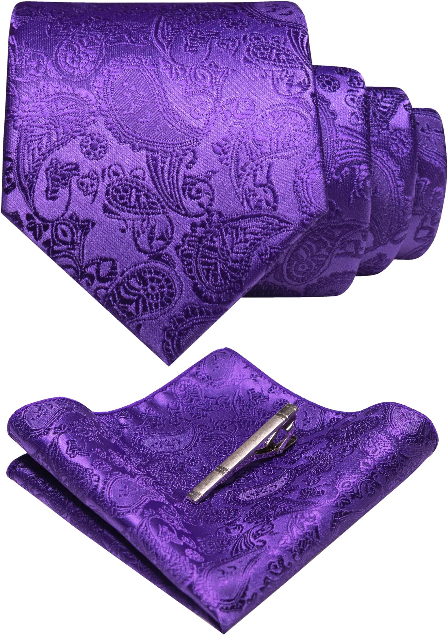 JEMYGINSMens Solid Color Paisley Necktie and Pocket Square with Tie Clip Sets