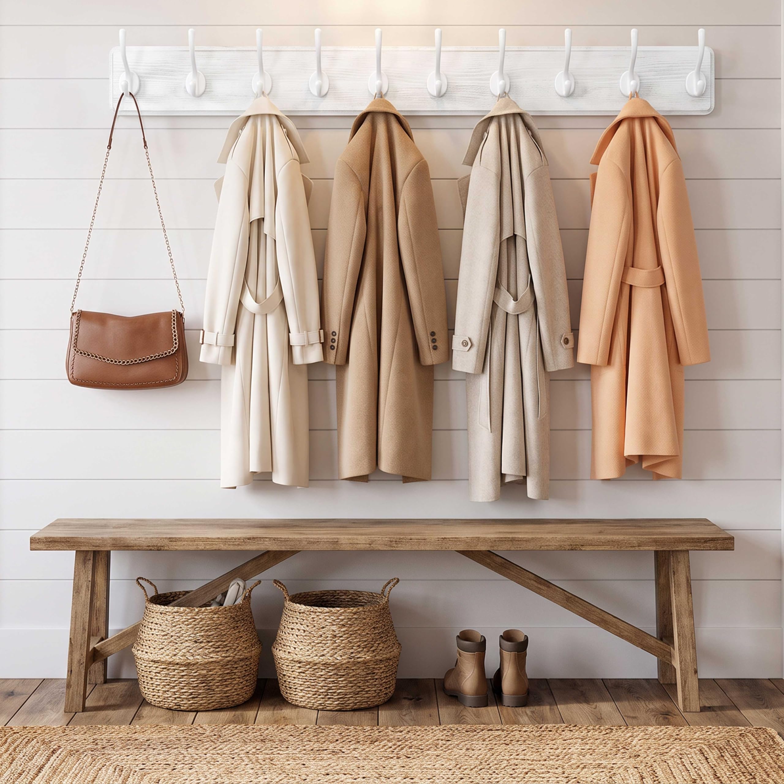 WEBI Appendiabiti da Parete,98cm Lungo 10 Ganci Attaccapanni da Muro,Appendiabiti da Muro Legno,Appendino da Muro,Attaccapanni da Parete per Ingresso Cappotto,Vestiti,Bianca