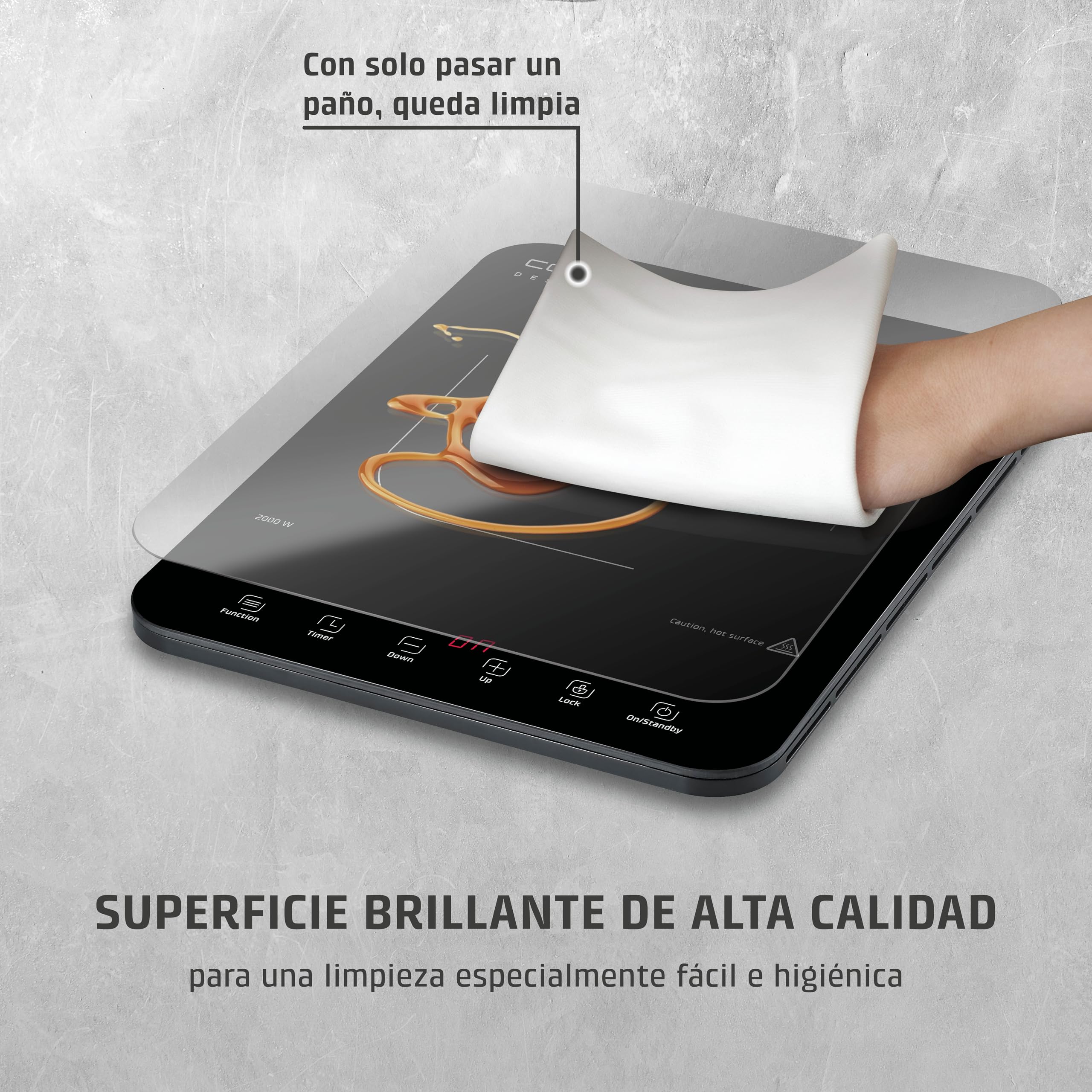 CASO ProSlim 2000 - Placa de Inducción portátil con 10 niveles, Control Táctil, Cocina para camper, viajes y campings, Detector de Sartenes,Control Seguridad niños, 39x29x3 cm, 2,3kg - negra