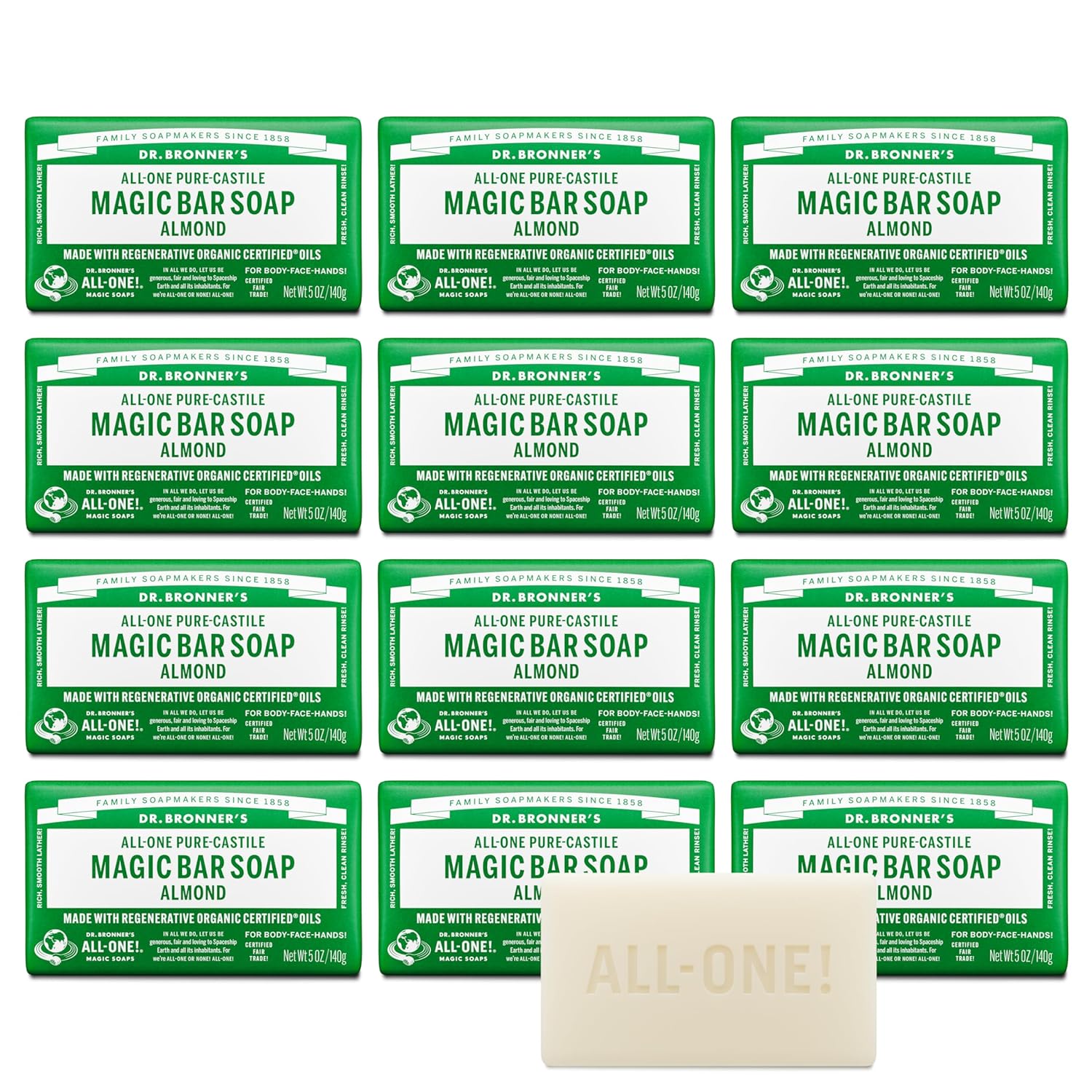Dr. Bronner's Pure-Castile Magic Bar Soap (Almond, 5 ounce, 12-Pack)-Made with Regenerative Organic Certified Oils, For Face, Body, Hair, Gentle, Vegan, Cruelty-free Non-GMO