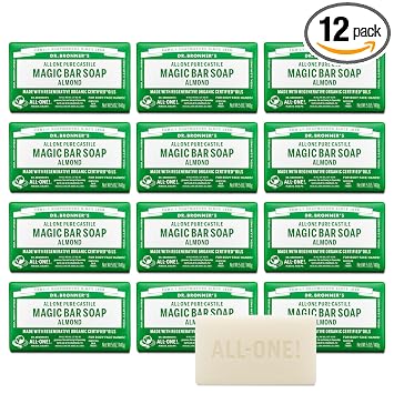 Dr. Bronners Pure-Castile Magic Bar Soap Almond, 5 ounce, 12-Pack-Made with Regenerative Organic Certified Oils, For Face, Body, Hair, Gentle, Vegan, Cruelty-free Non-GMO