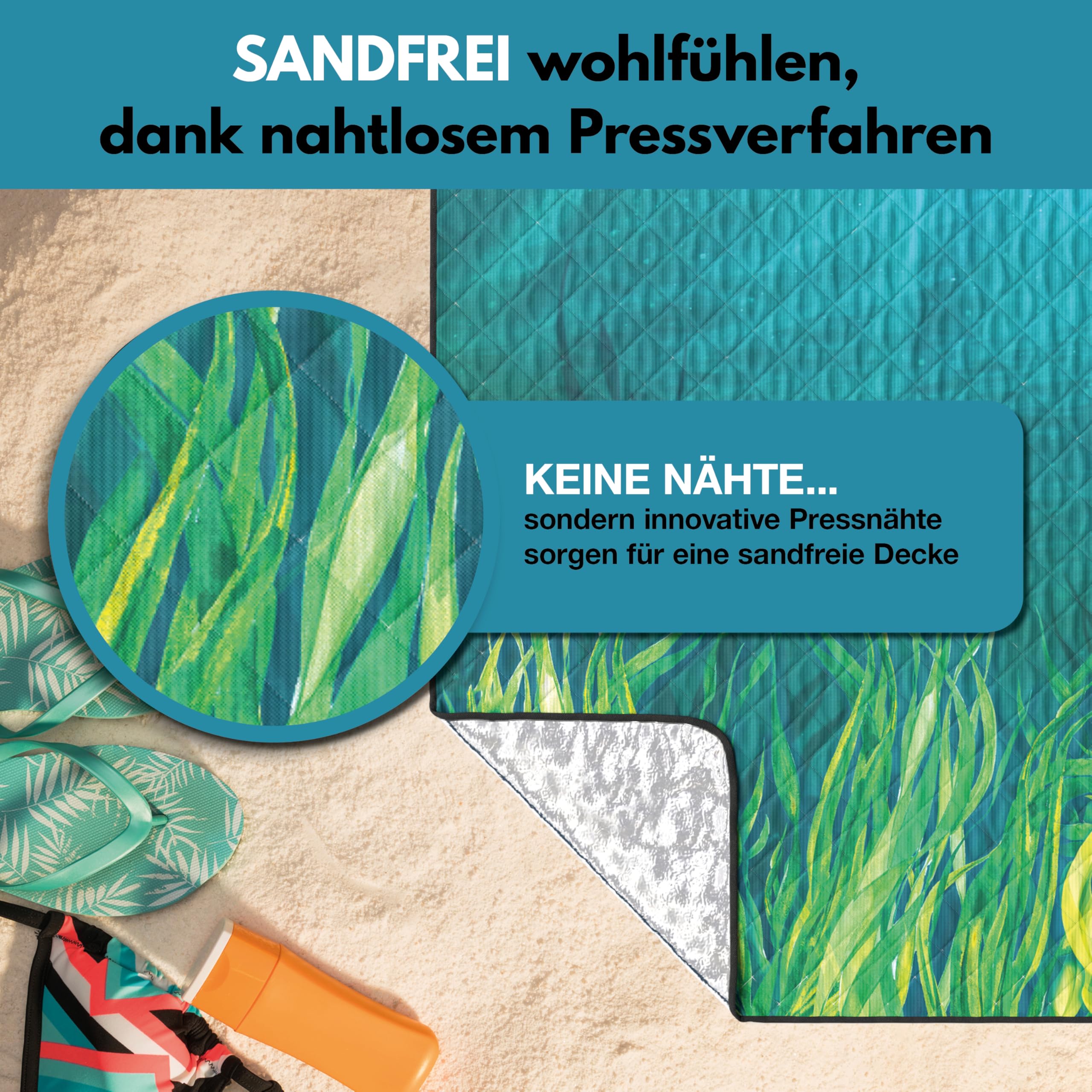 StarK Picknickdecke Ocean 200x200 Wasserdicht,3 -lagige Stranddecke Sandfrei ohne Nähte,Waschbare Strandmatte gepolstert (Ocean)